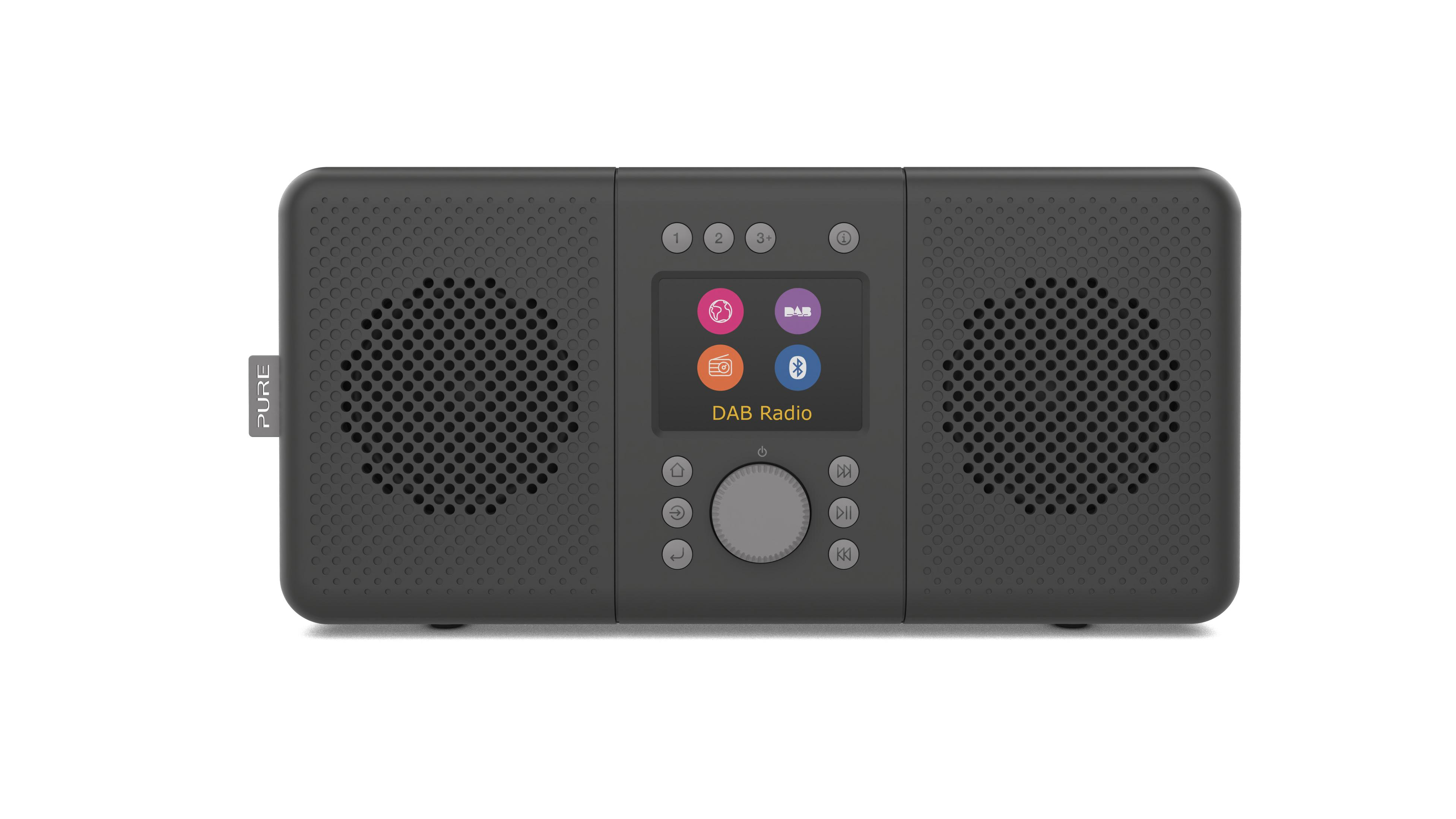 Ciemnoszare radio DAB z kolorowym ekranem i maskownicami głośników. Ma przyciski i centralne pokrętło.