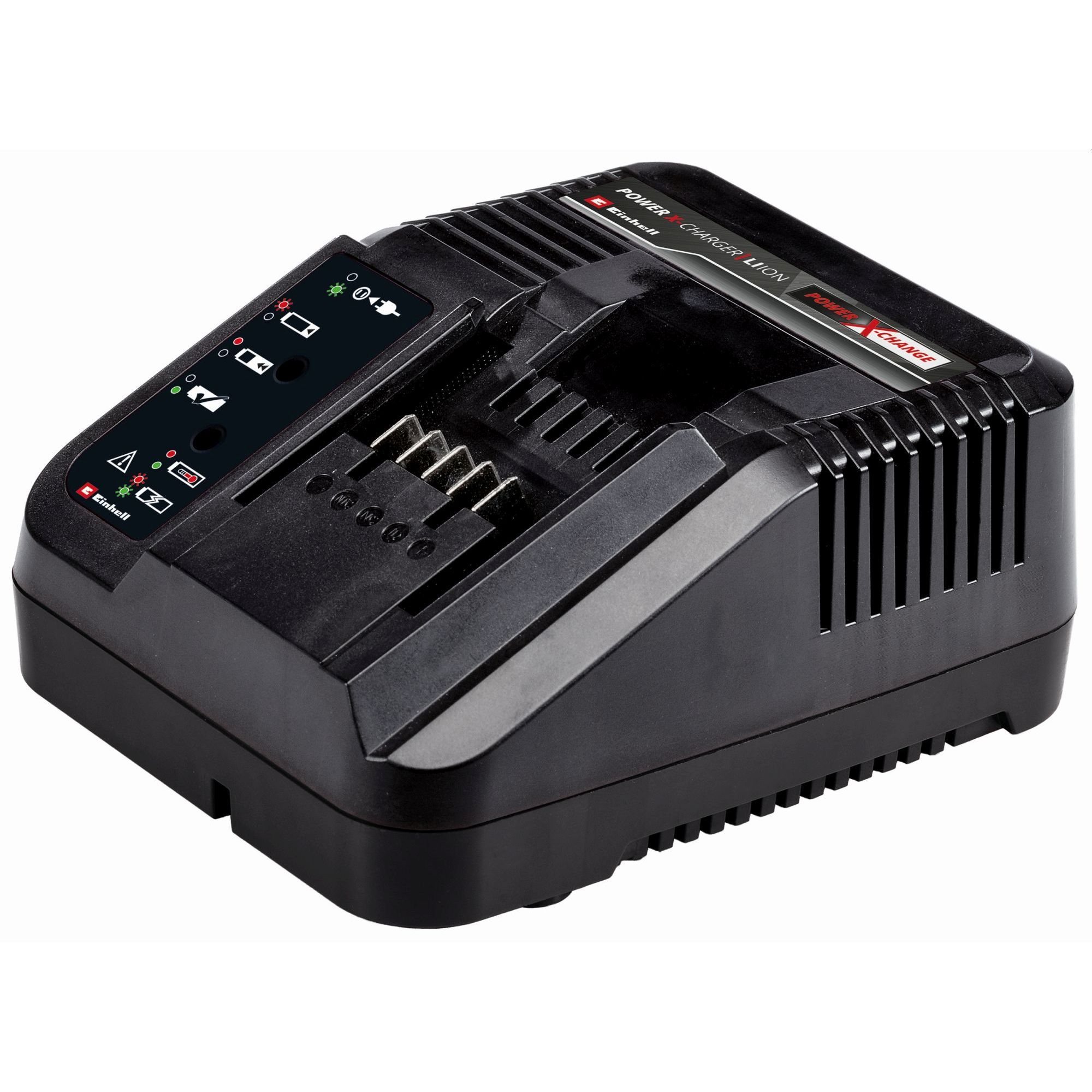 Czarna ładowarka. Posiada kontrolki i gniazda ładowania. Białe tło.