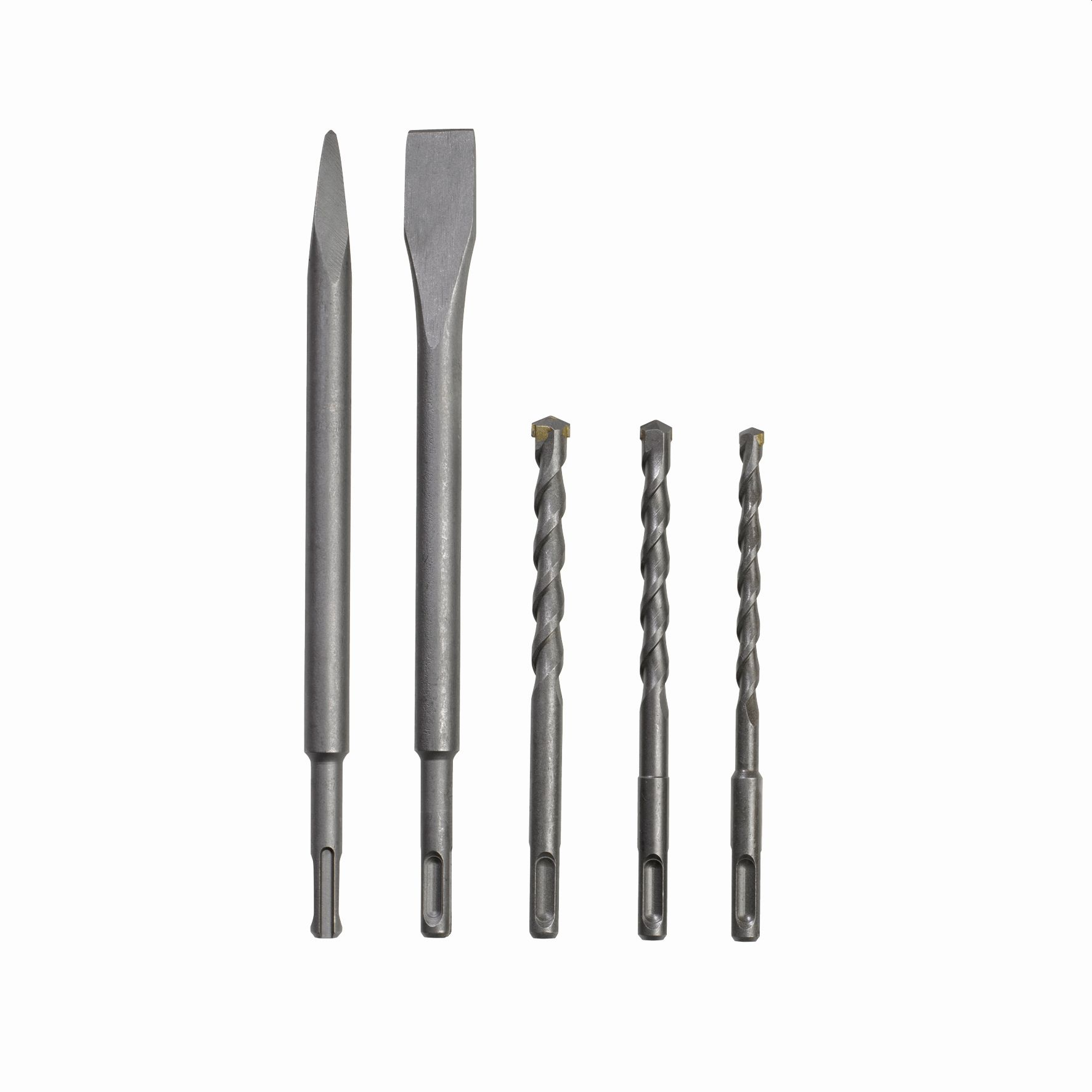 Różne wiertła i dłuta na białym tle. Zawiera dłuta płaskie i wiertła spiralne.
