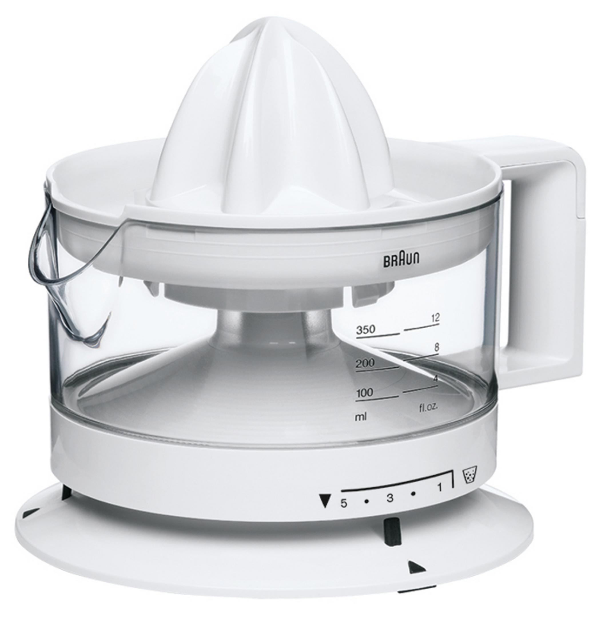 Uno spremiagrumi Braun bianco con misure e manico.