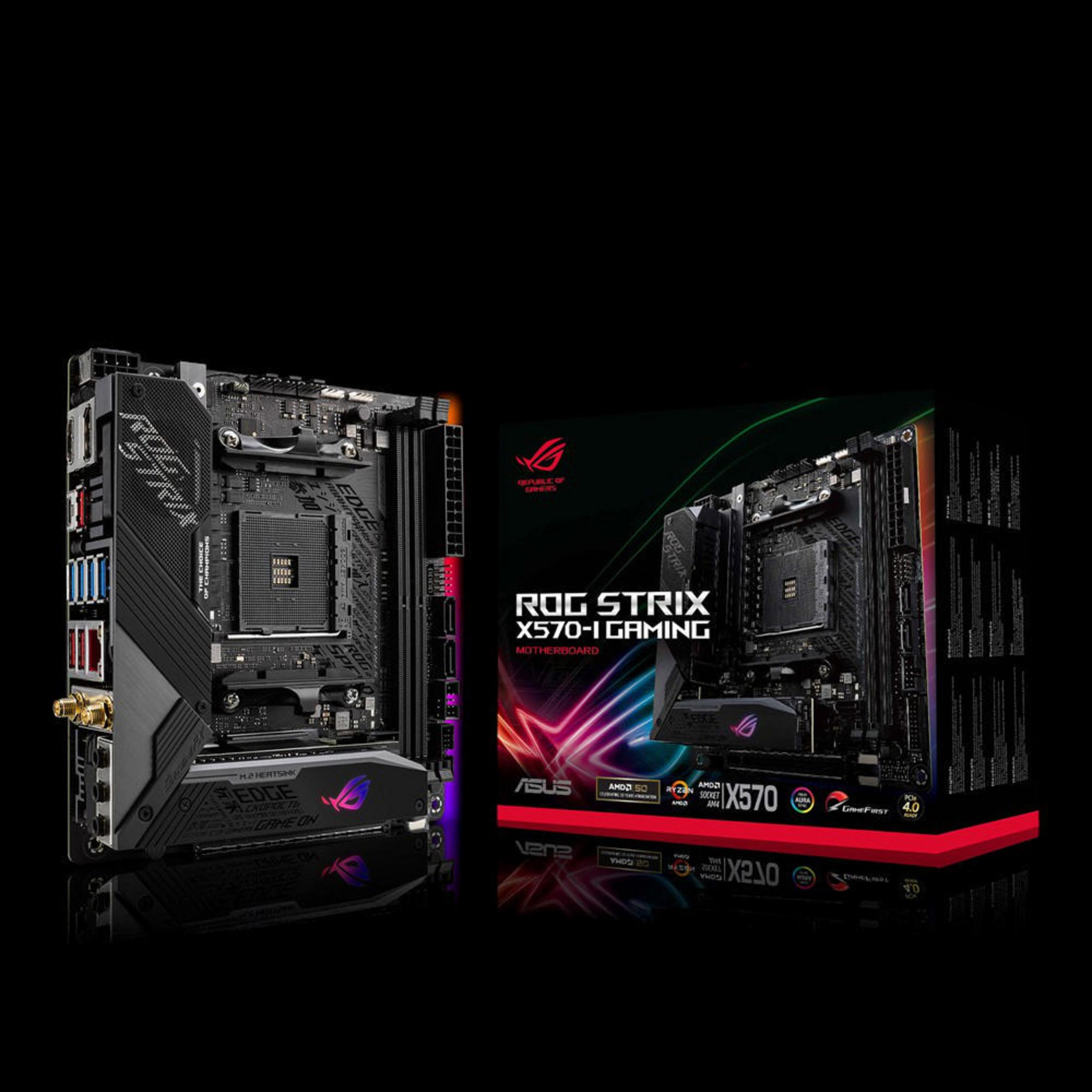 Una scheda madre con la sua scatola, con il marchio ROG Strix e il nome del prodotto.