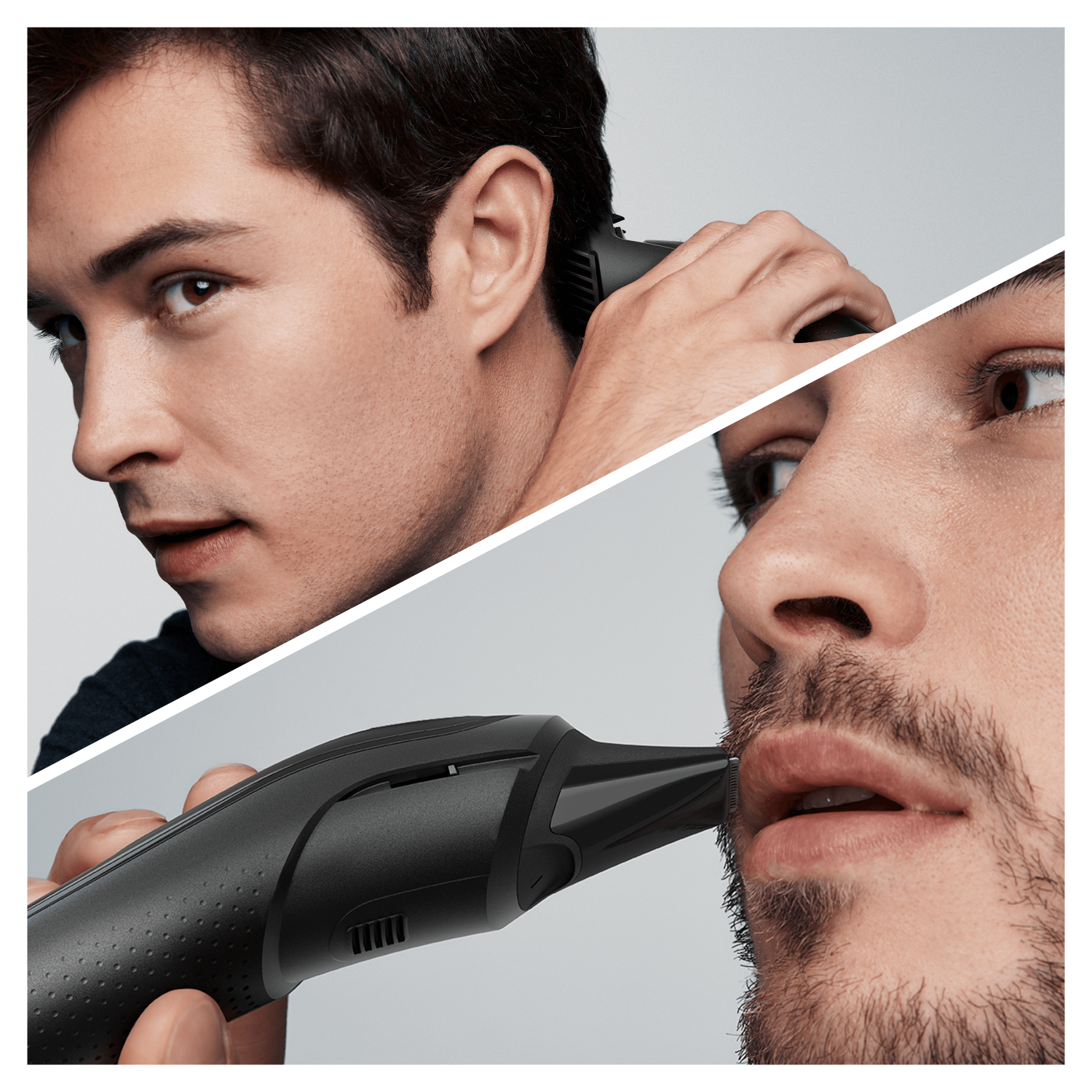 Hombre se afeita la barba con una recortadora, primer plano de la cara, fondo gris.