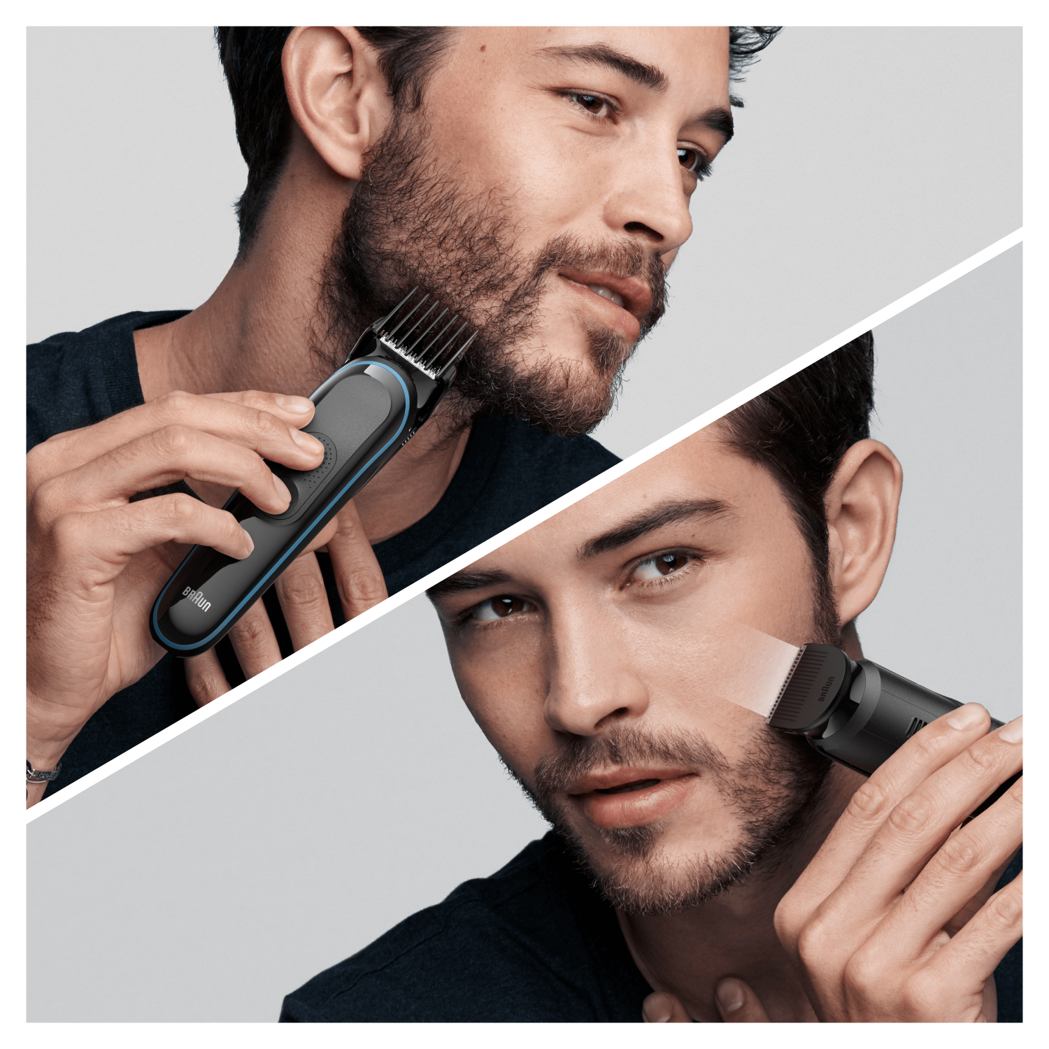 Hombre afeitándose la barba con una recortadora negra y azul. El producto está a la derecha.