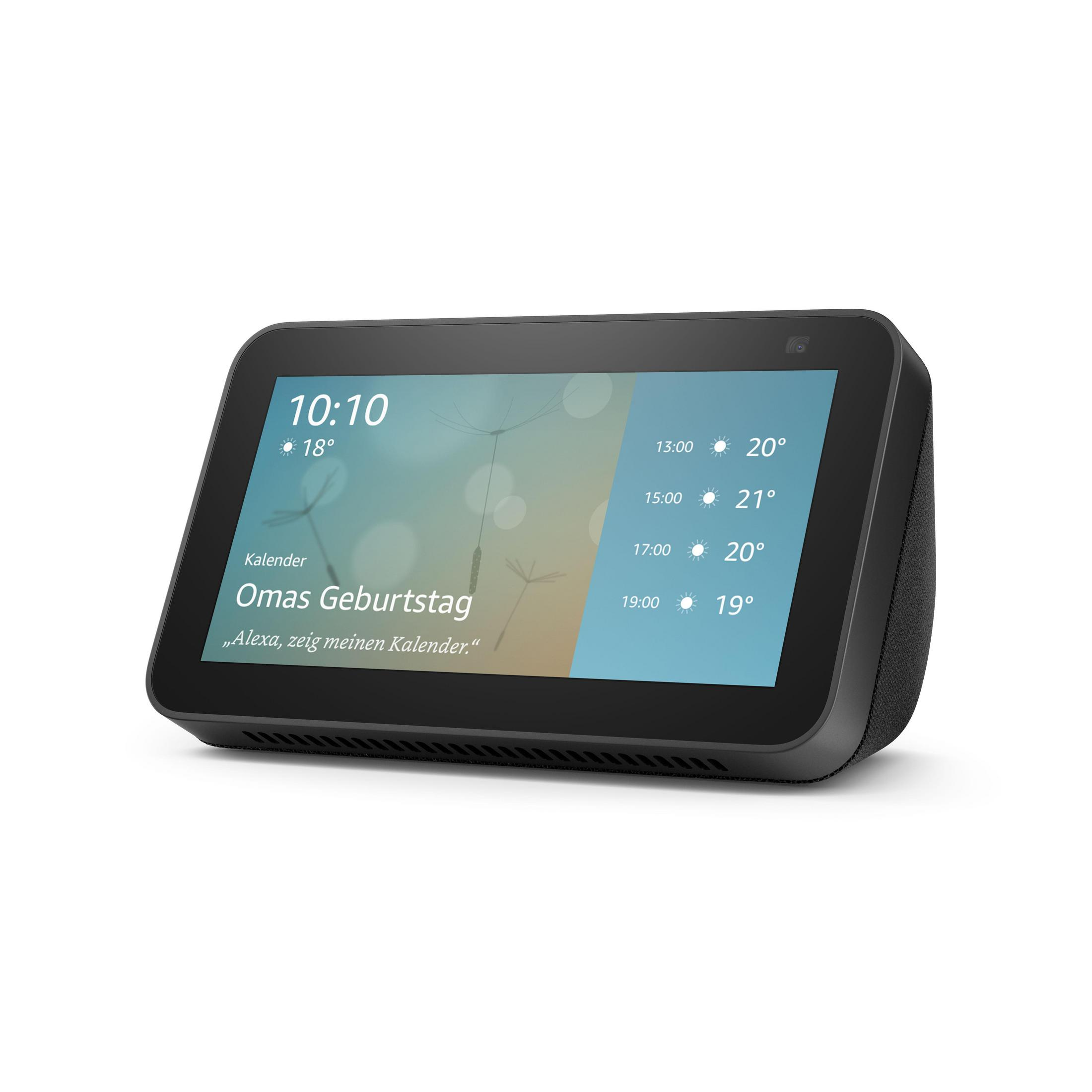 Schwarzes Smart Display mit Zeit, Wetter und Kalender. Es ist vor weißem Hintergrund.