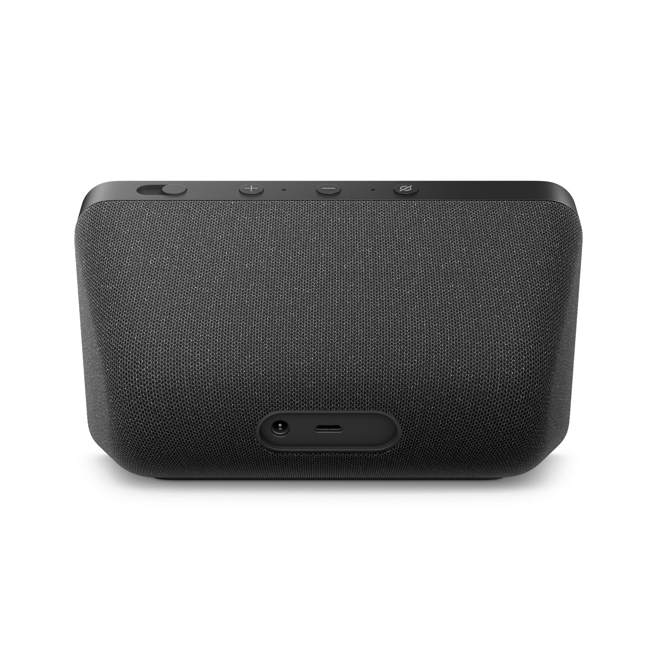 Ein schwarzer, rechteckiger Smart Speaker mit Stoffbezug und Bedientasten oben.