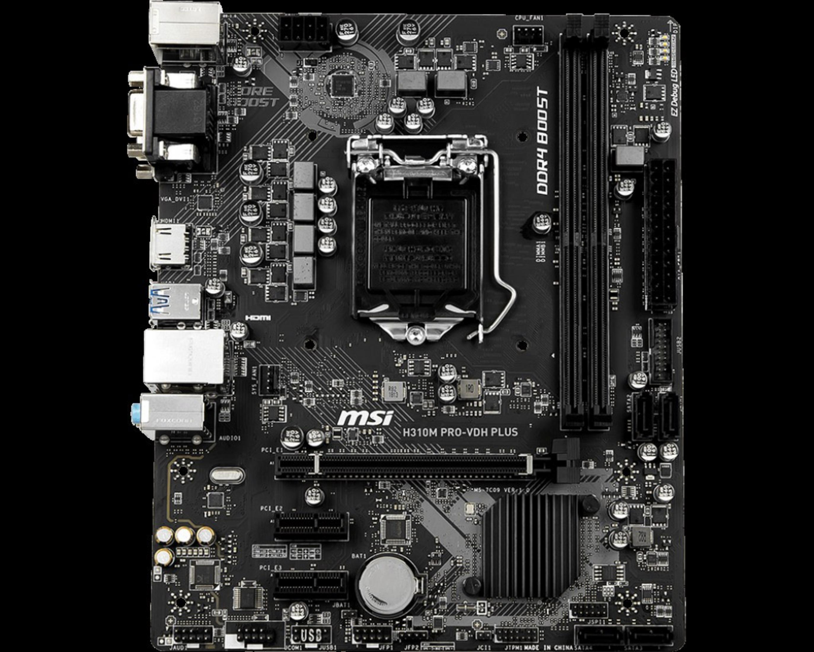 Scheda madre MSI nera con vari componenti, sfondo nero.
