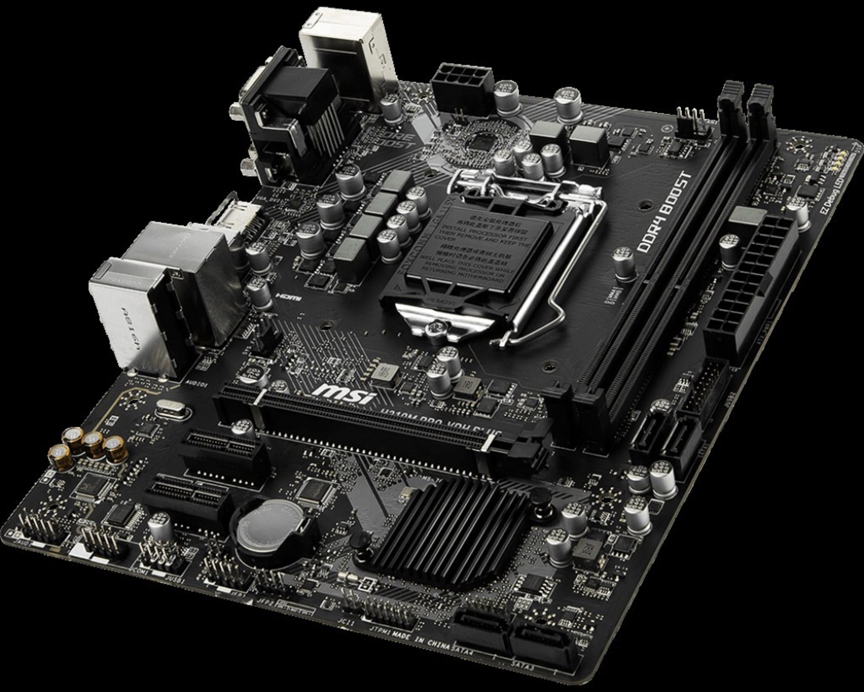 Una scheda madre per computer con PCB nero, vari componenti e un socket CPU. Il logo MSI è visibile.