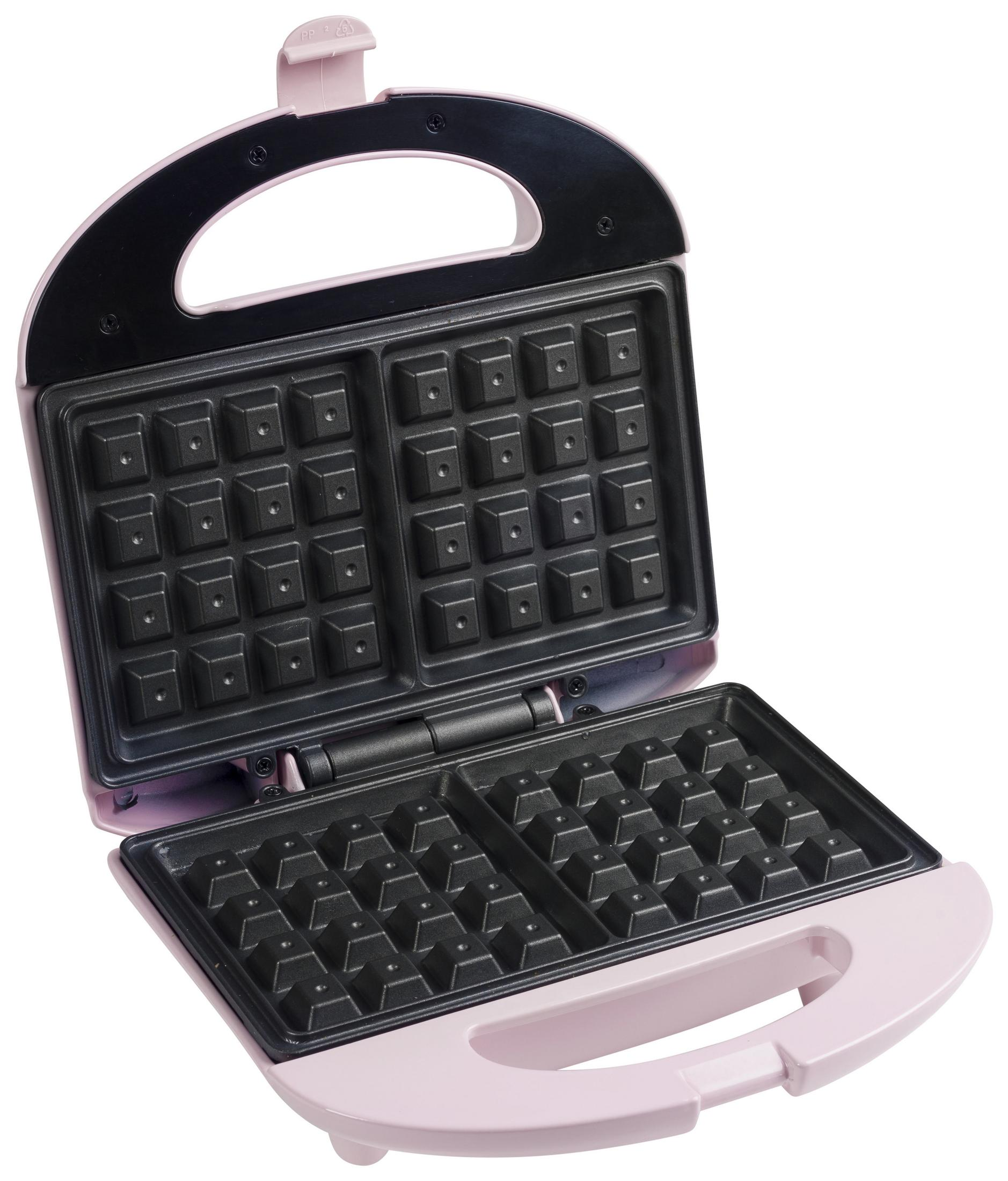 Różowa gofrownica, otwarta. Czarne powierzchnie do gotowania, różowy uchwyt.