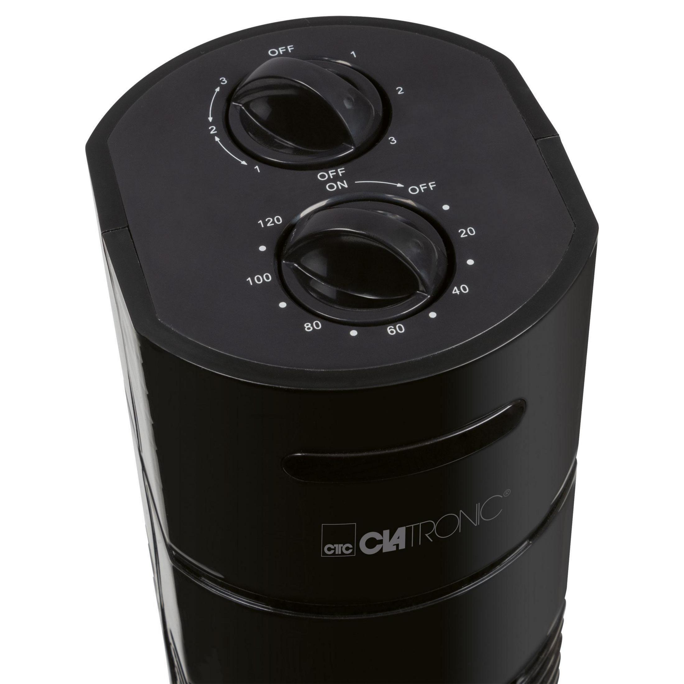 Czarny panel sterowania wentylatorem. Dwa pokrętła z pozycjami OFF i pokrętło timera od 20 do 120.