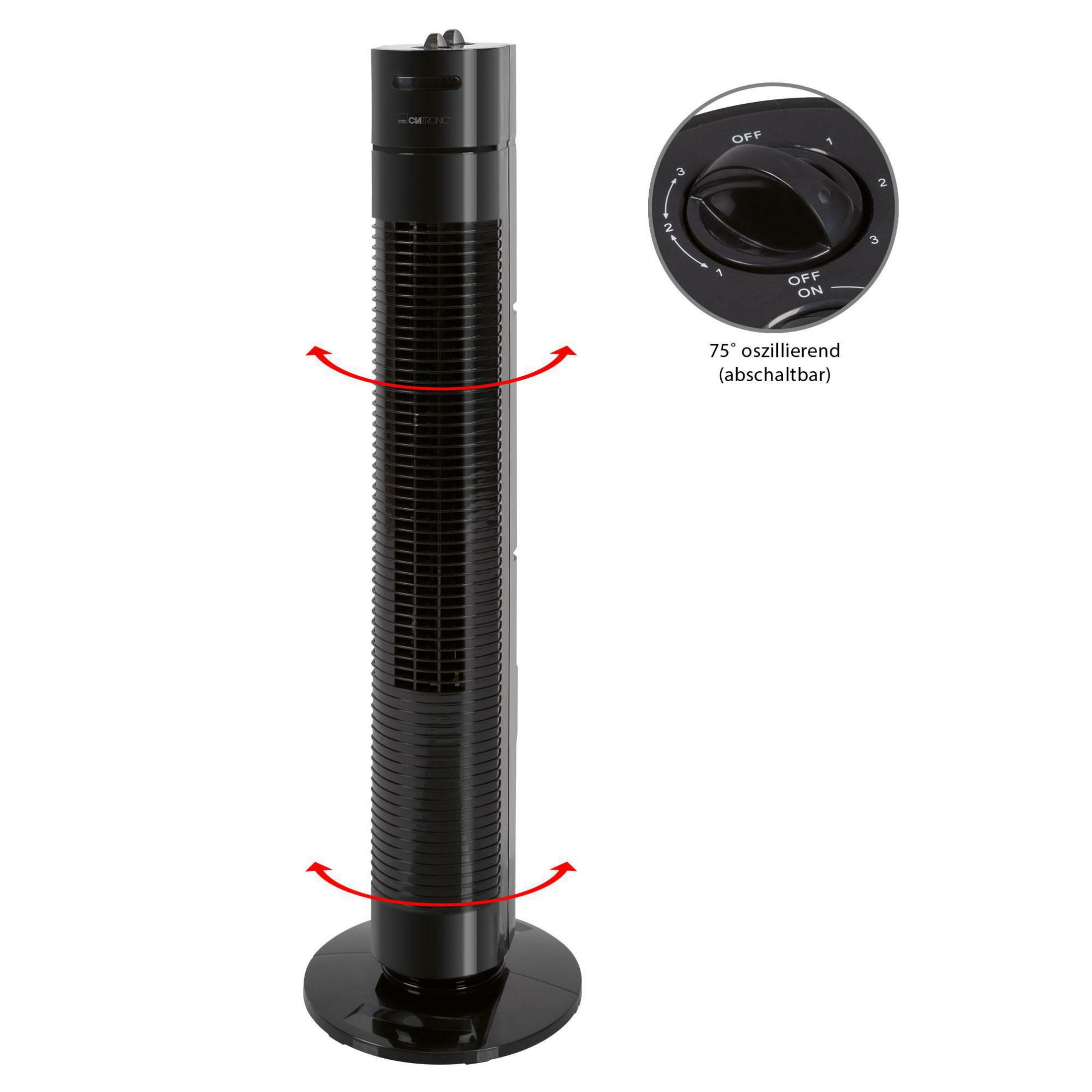 Czarny wentylator wieżowy z panelem sterowania i włącznikiem/wyłącznikiem.