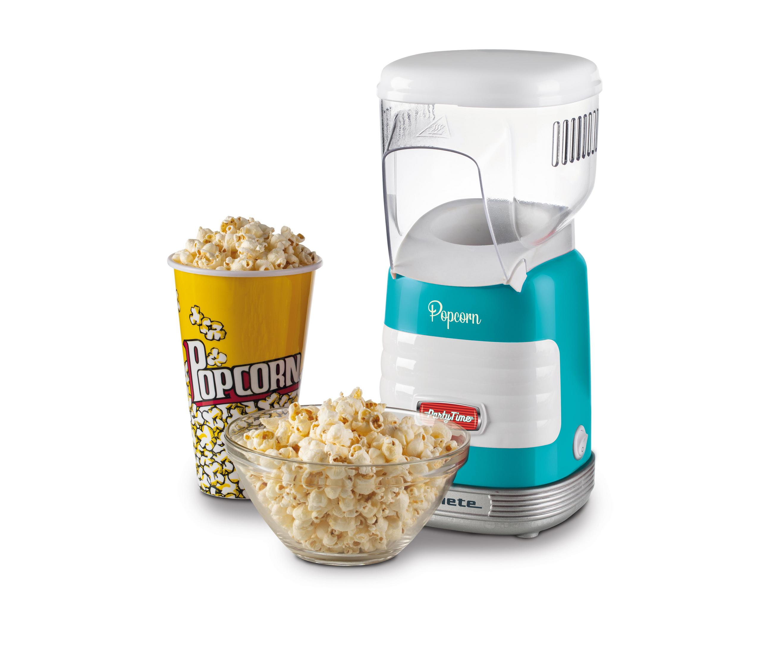Maszyna do popcornu, kubek popcornu i miska popcornu na białym tle.