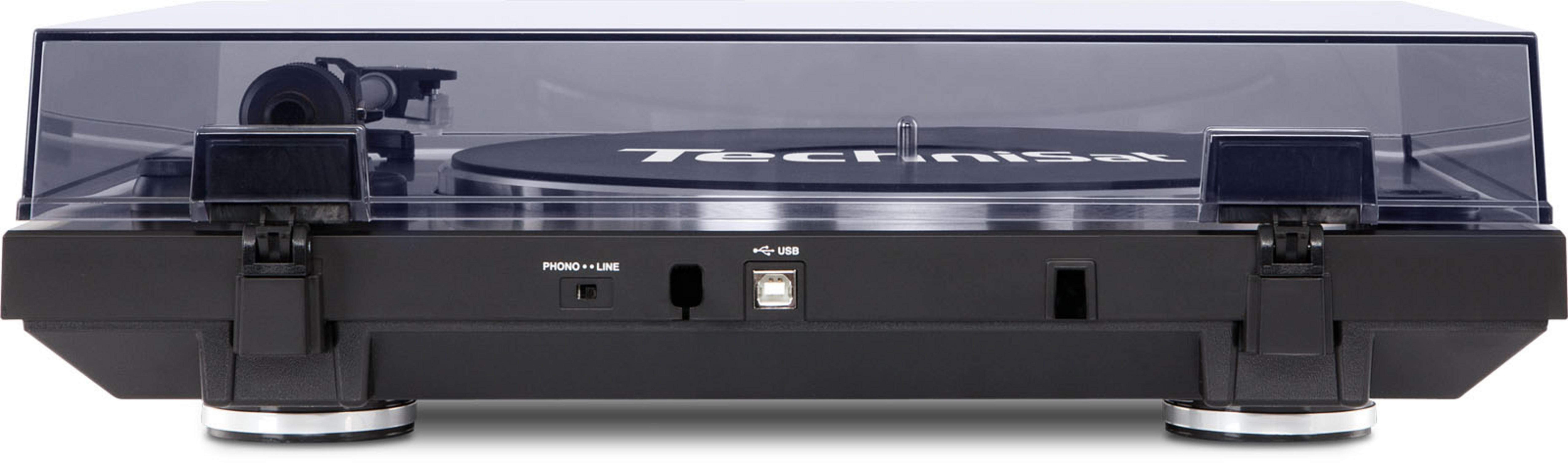 Un giradischi con coperchio trasparente, che mostra il disco e i controlli. Il retro ha porte e pulsanti.