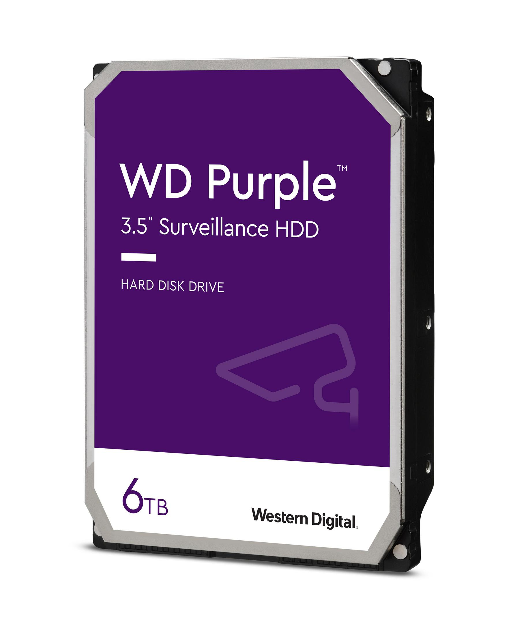 Dysk twardy WD Purple 6TB. Fioletowa etykieta z białym tekstem. Czarna ramka. Logo Western Digital na dole.