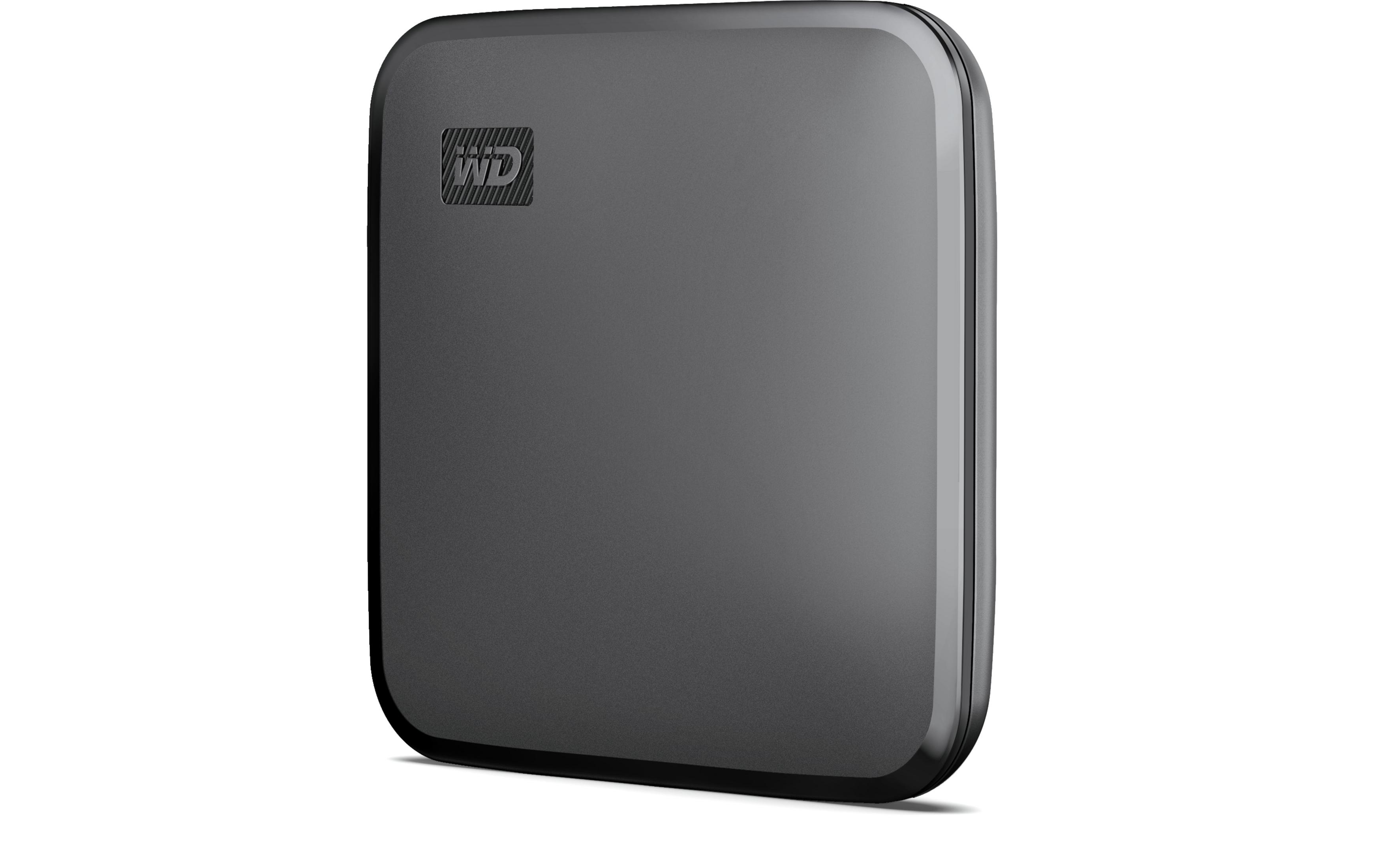 Ciemnoszary zewnętrzny dysk twardy, lekko pochylony, z logo WD.