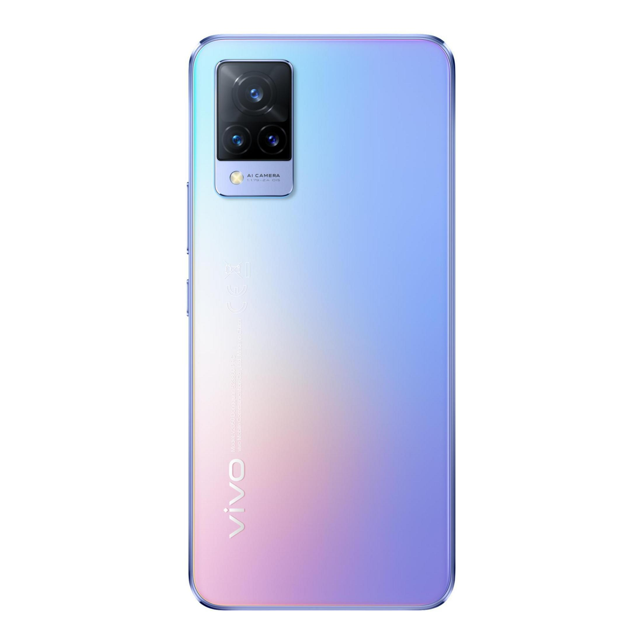 Tył fioletowego smartfona Vivo z trzema aparatami i logo Vivo.