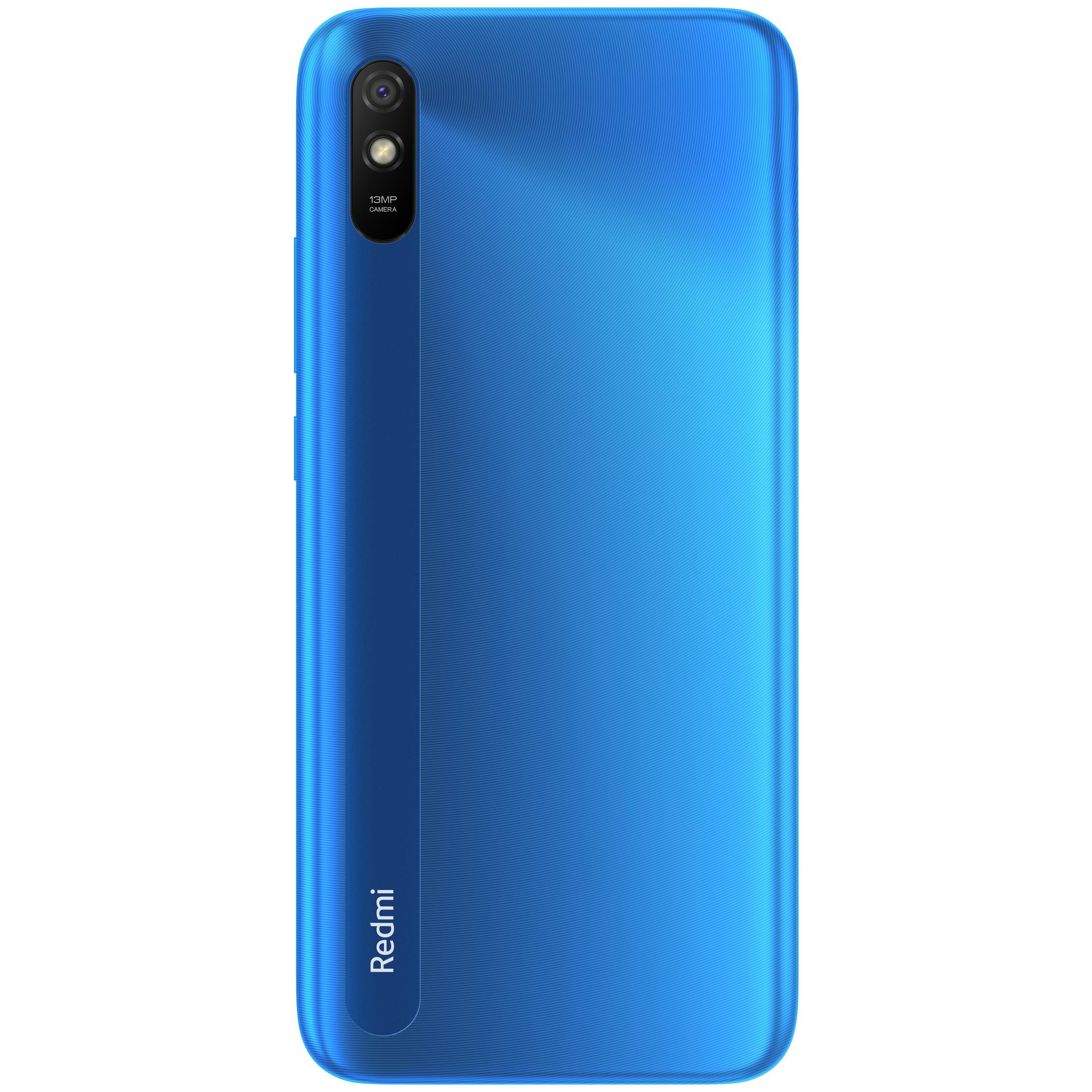 Ein blaues Smartphone, Rückansicht, mit Kamera und Redmi-Logo im unteren Bereich.