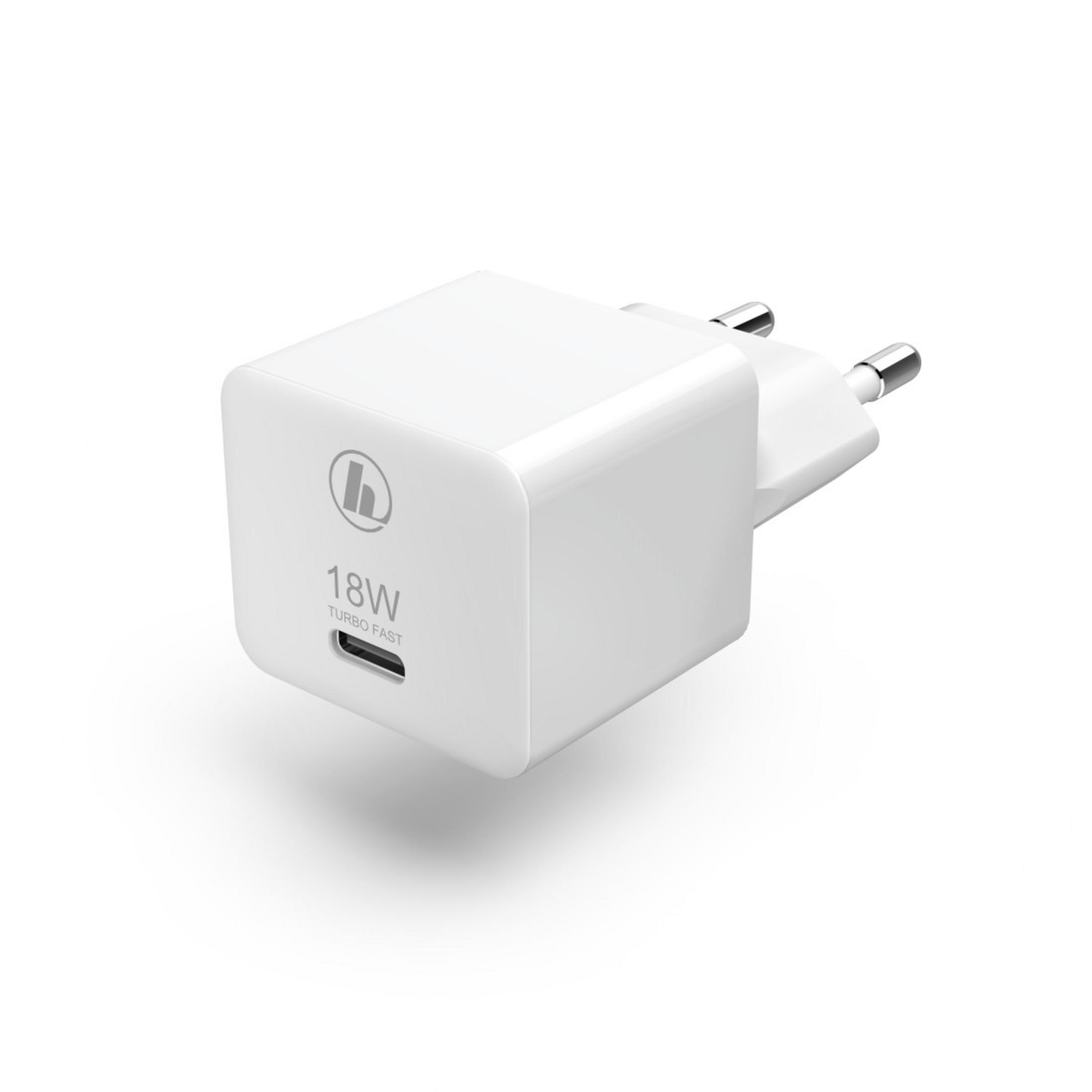 Biała ładowarka Hama 18W Turbo Fast z portem USB-C i wtyczką dwubiegunową.