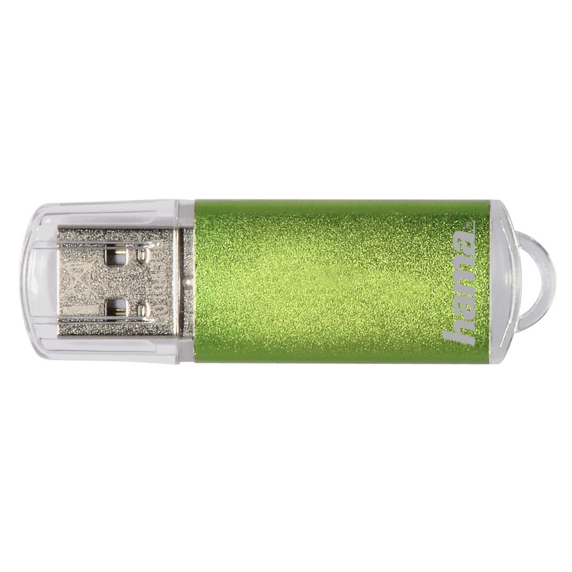 Clé USB verte avec un bouchon transparent. Le mot 'hama' est écrit sur la clé.