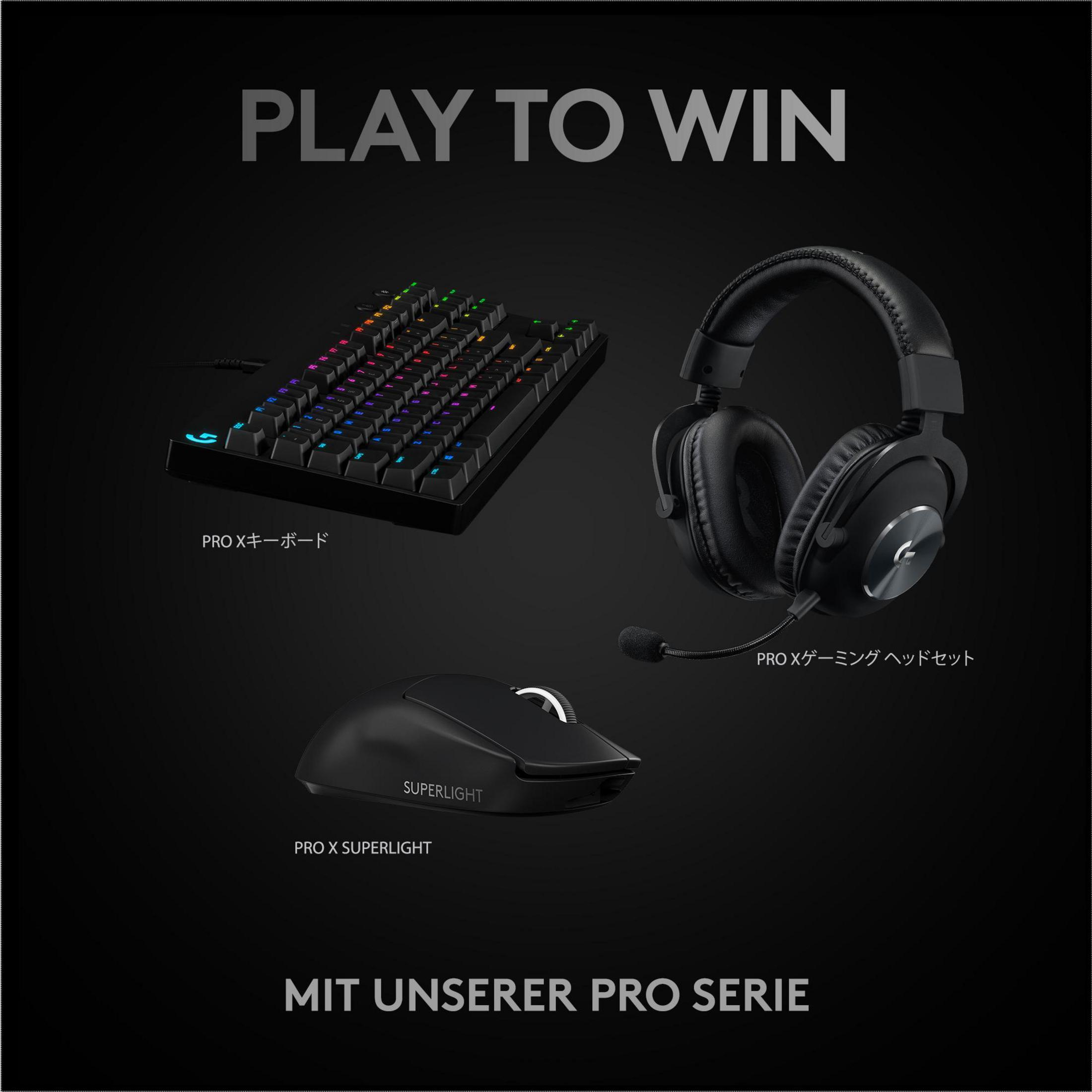 Zestaw do gier: klawiatura, zestaw słuchawkowy i mysz, z tekstem 'PLAY TO WIN' i logo.