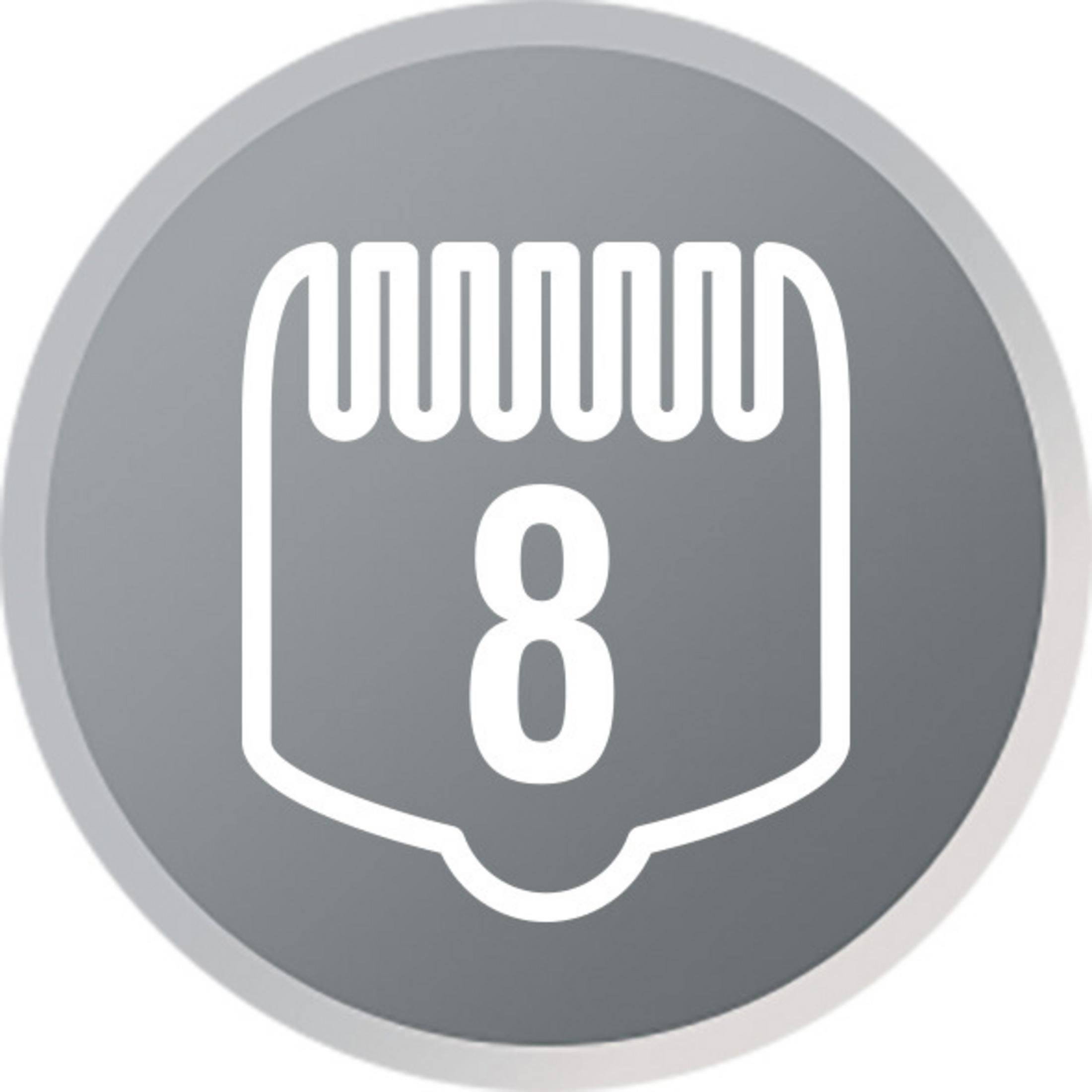 Icono de guía de peine con el número 8 en un círculo gris. Contorno blanco del peine y el número 8.