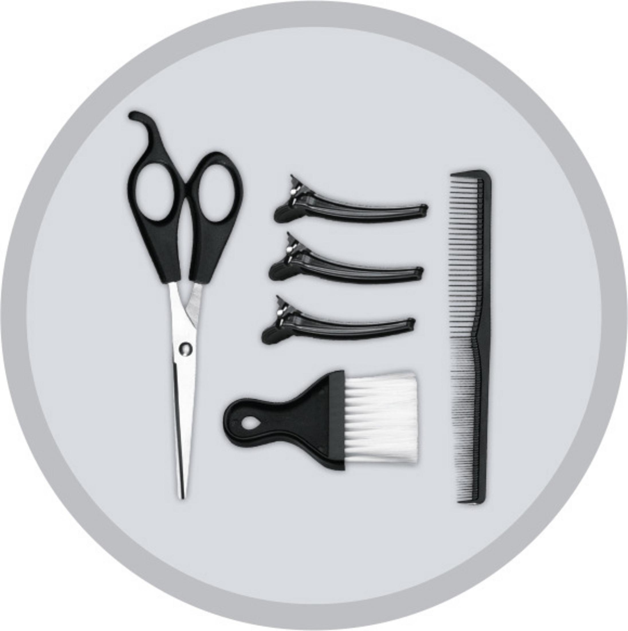 Herramientas de peluquería: tijeras, pinzas, peine y cepillo, sobre un fondo circular gris.