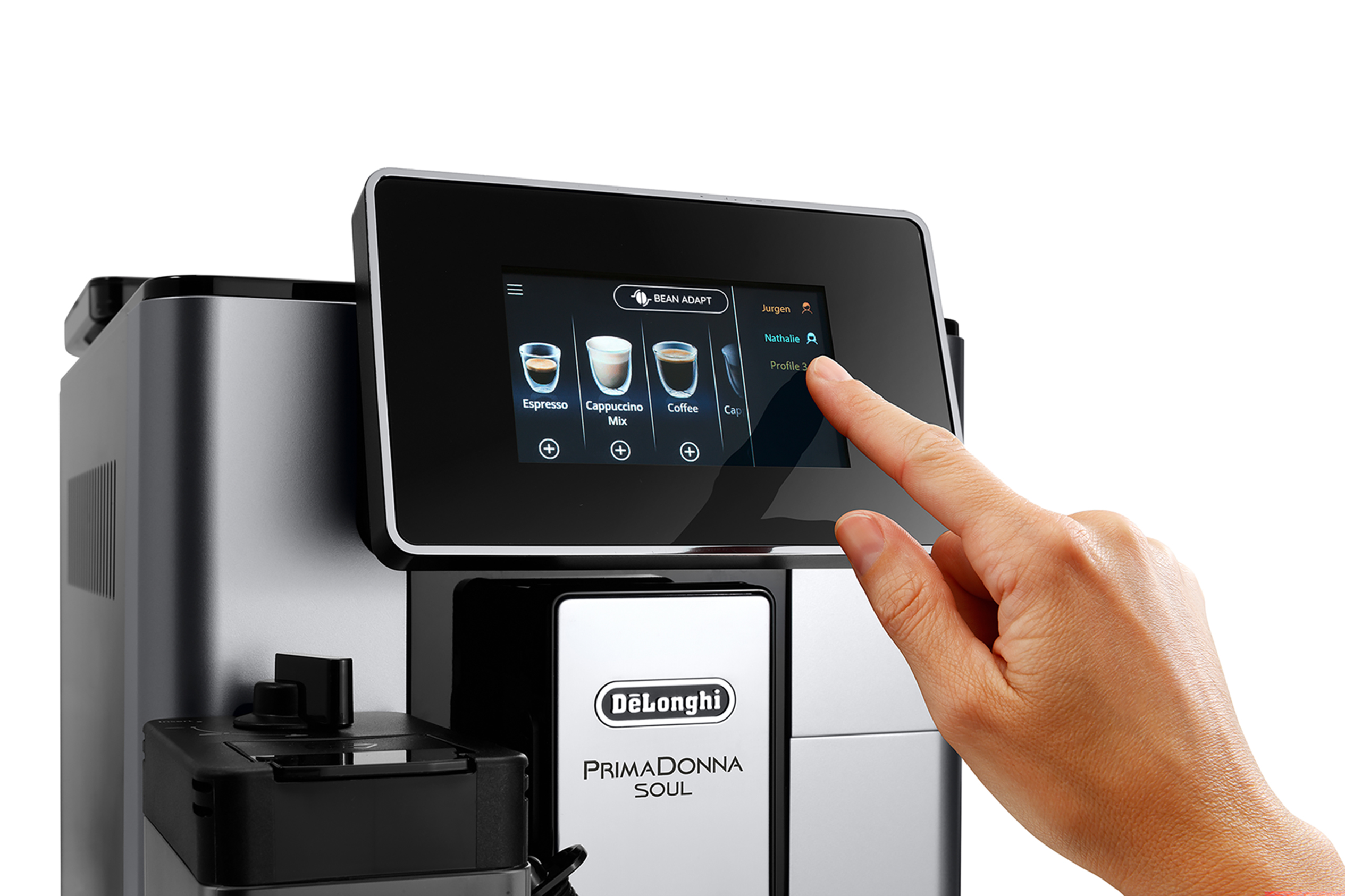Ręka dotykająca ekranu dotykowego czarno-srebrnego ekspresu do kawy z ikonami.