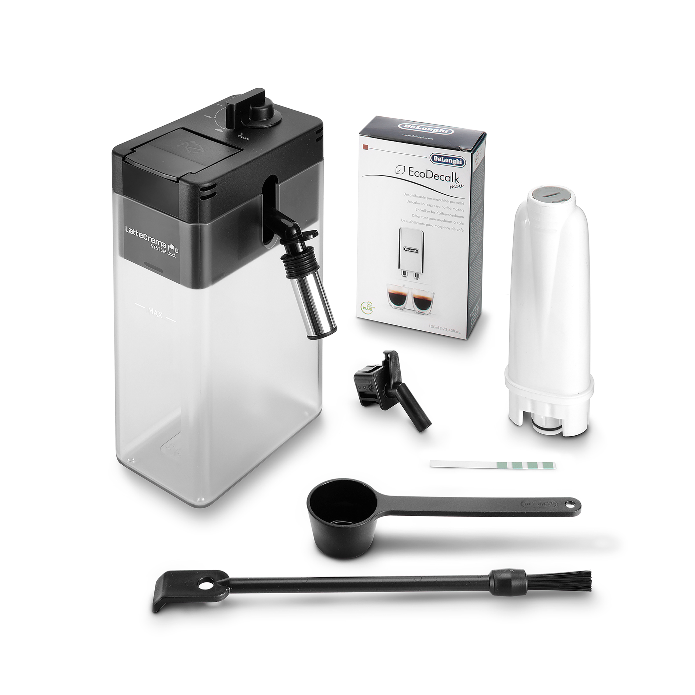 Części ekspresu do kawy, w tym pojemnik na wodę, filtr, pudełko z odkamieniaczem i miarka.