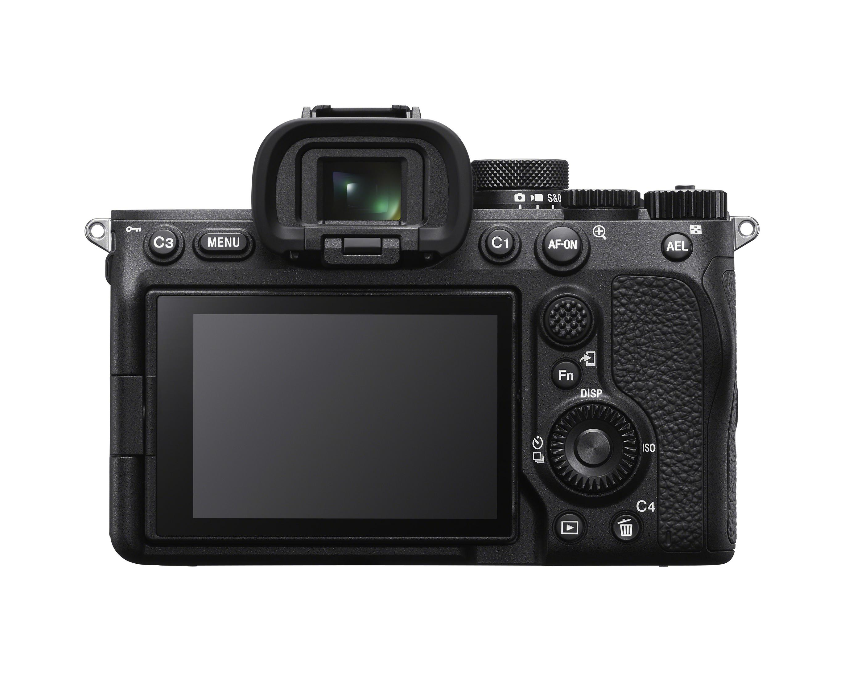 Zwarte camera achterkant met scherm, knoppen, zoeker en diverse bedieningselementen.