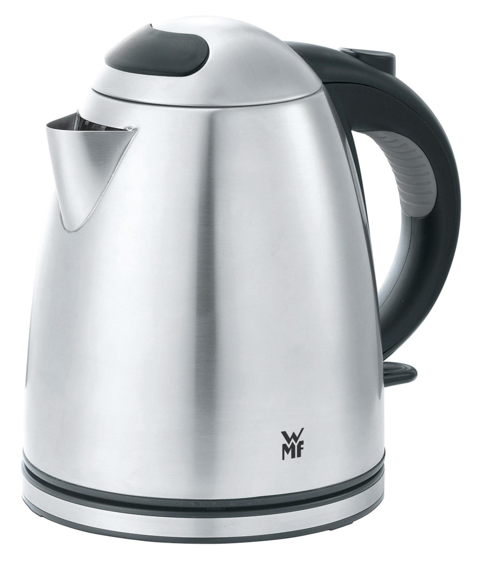 Bollitore elettrico argentato con manico, beccuccio e base neri. Logo WMF visibile. Sfondo bianco.
