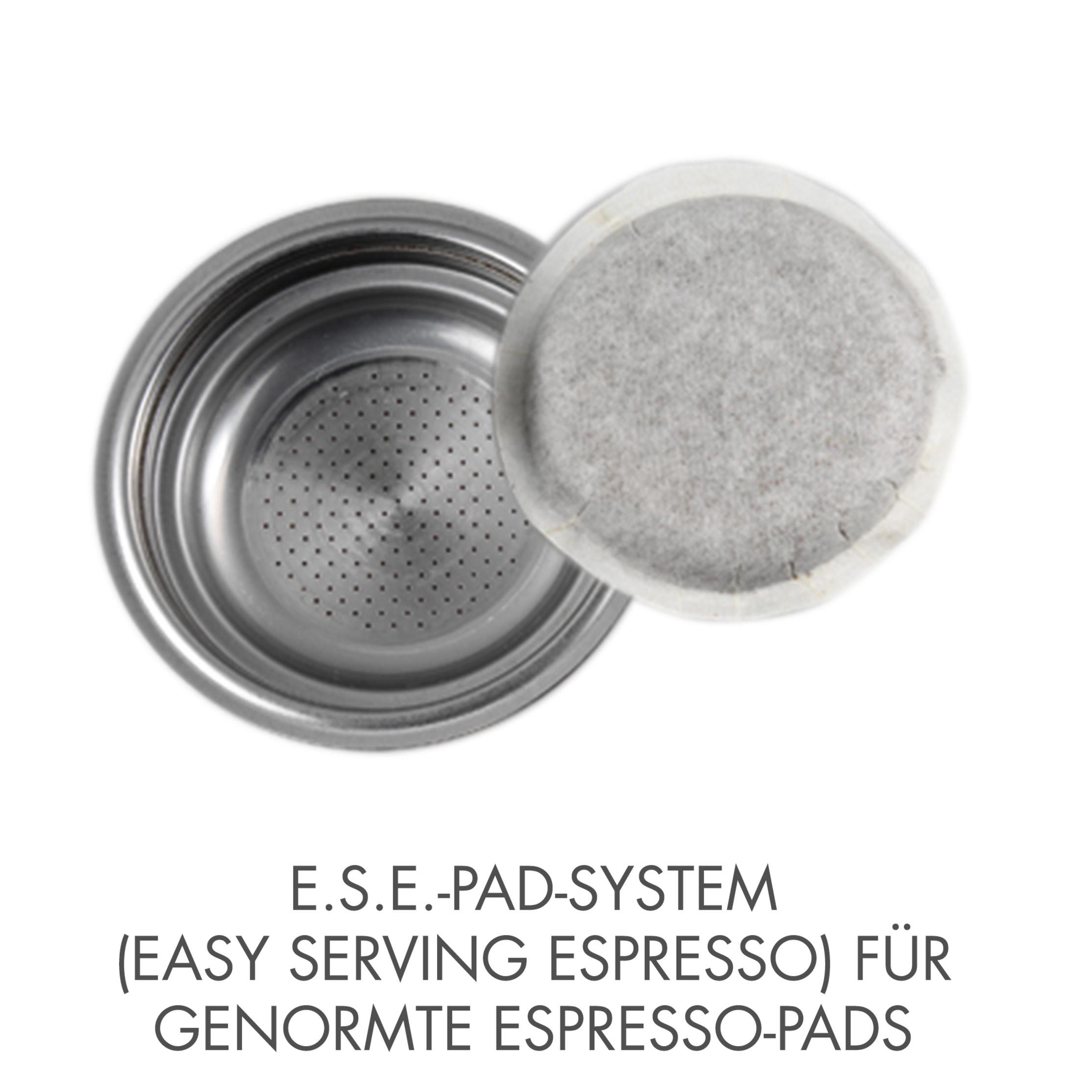 Ein Espresso-Maschinenfilter mit einer Kaffeepad. Der Filter ist silber und das Pad hellgrau.
