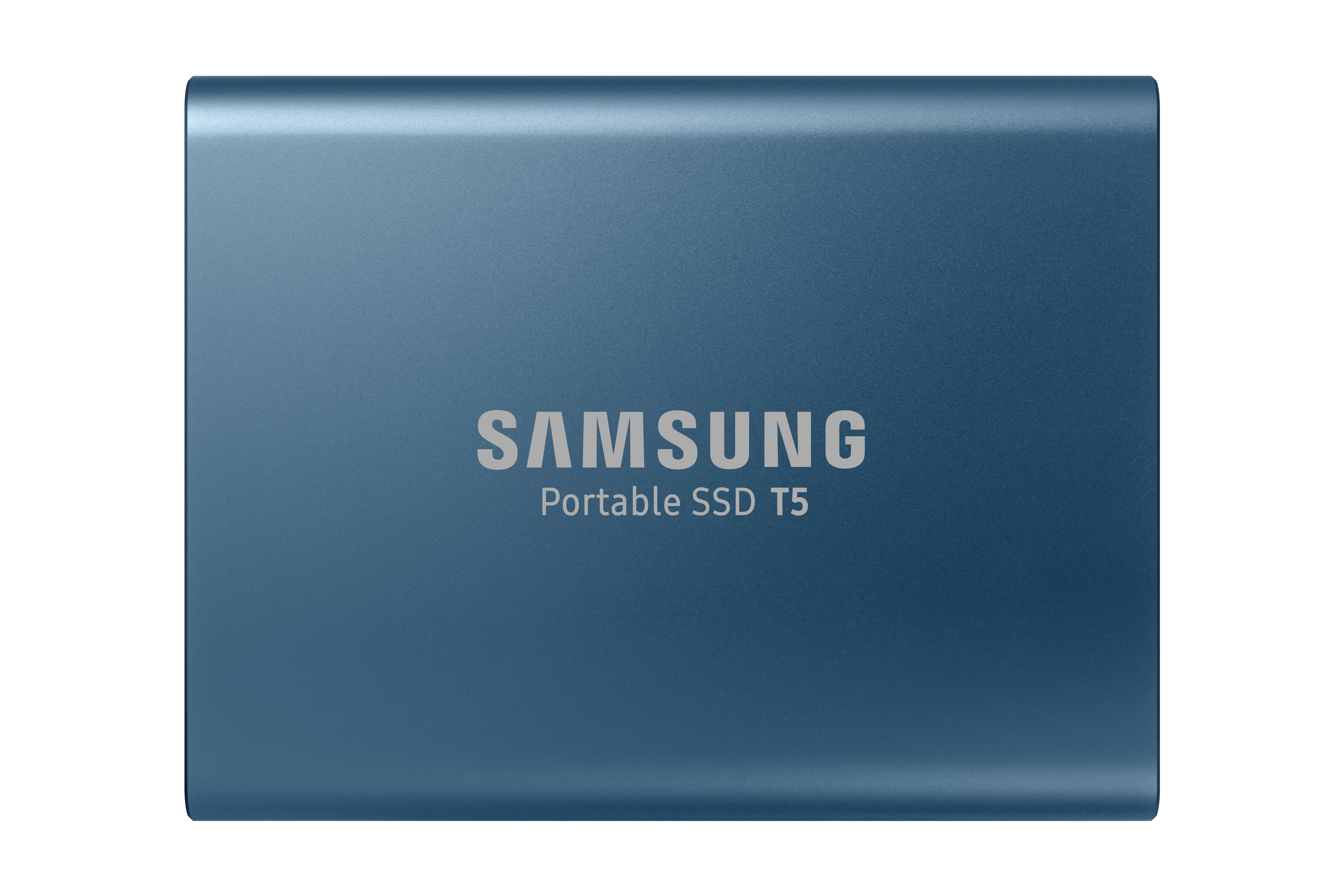 Un SSD portatile T5 blu Samsung, con logo e nome del prodotto, su sfondo bianco.