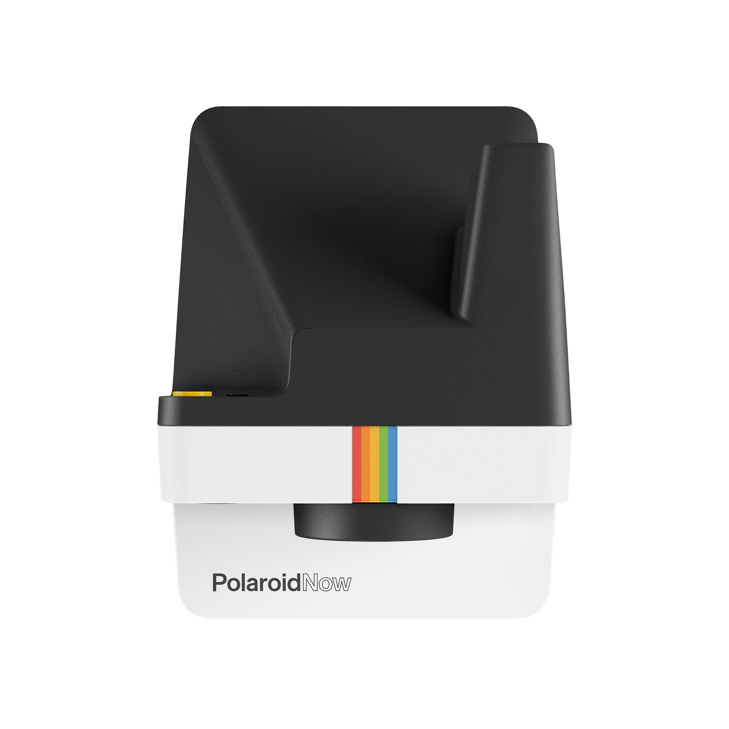 Fotocamera Polaroid in bianco e nero con una striscia colorata sul davanti, su sfondo nero.