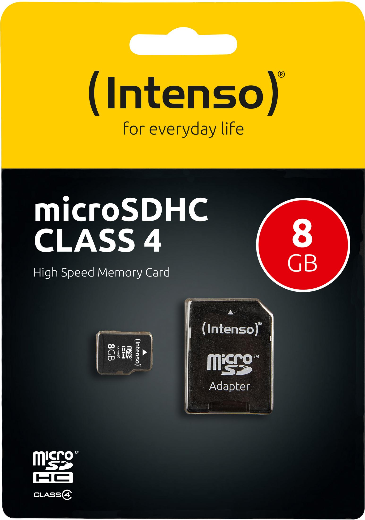 Un paquete de tarjeta de memoria con una tarjeta microSD y un adaptador. La marca es Intenso y tiene 8 GB.
