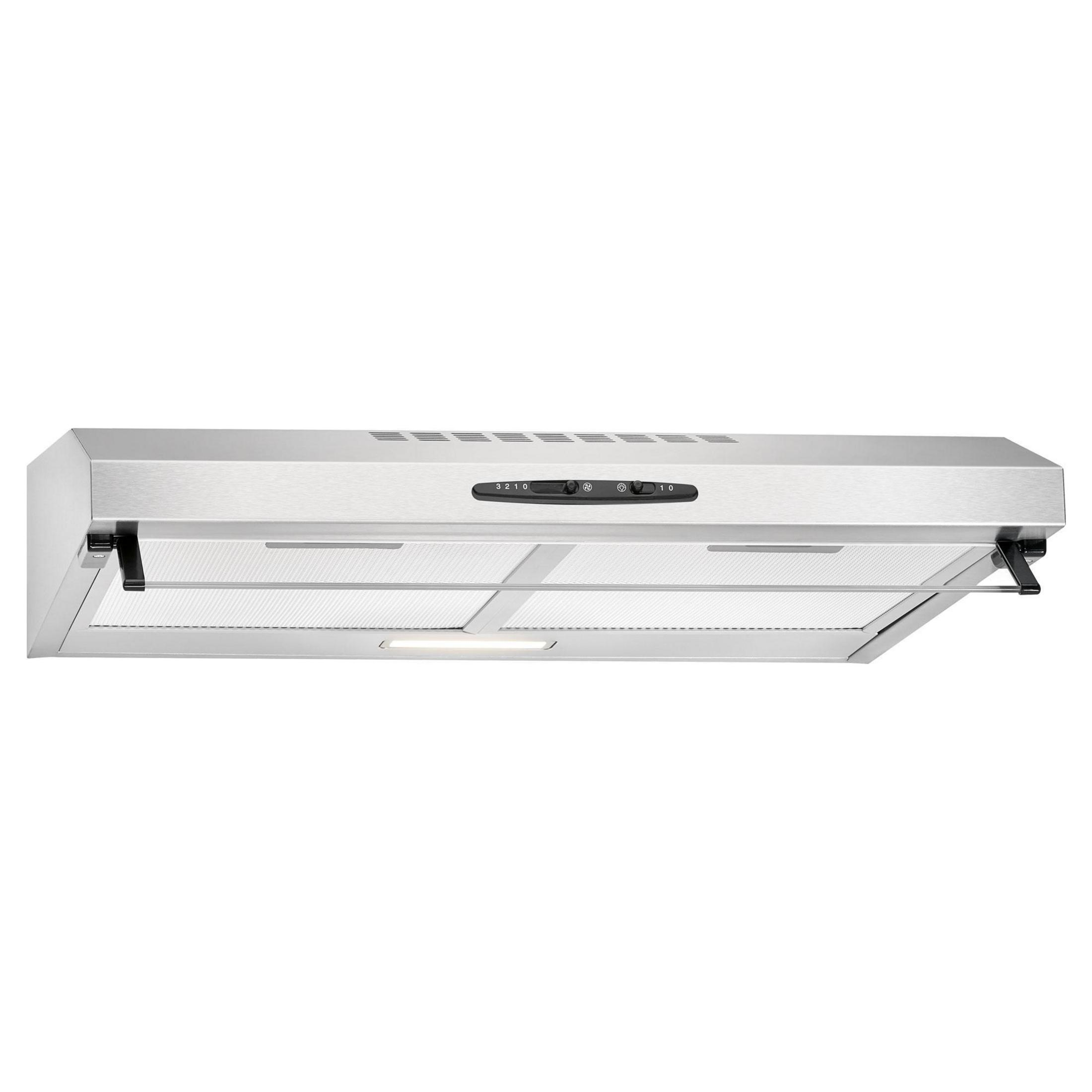 Cappa in acciaio inox con comandi e prese d'aria. Con luce.