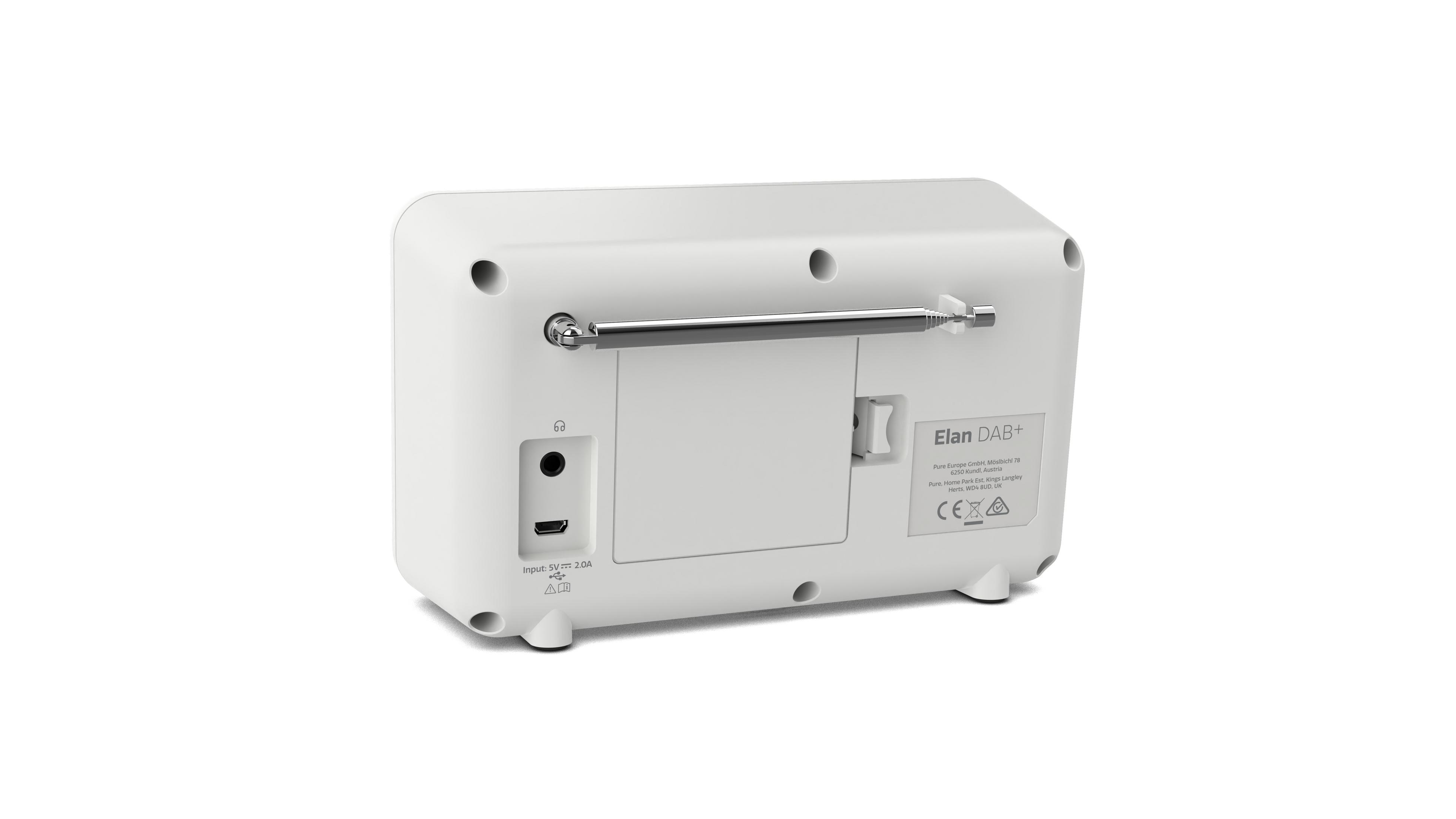 Białe radio, widok z tyłu, z anteną, portem USB i informacjami Elan DAB+.