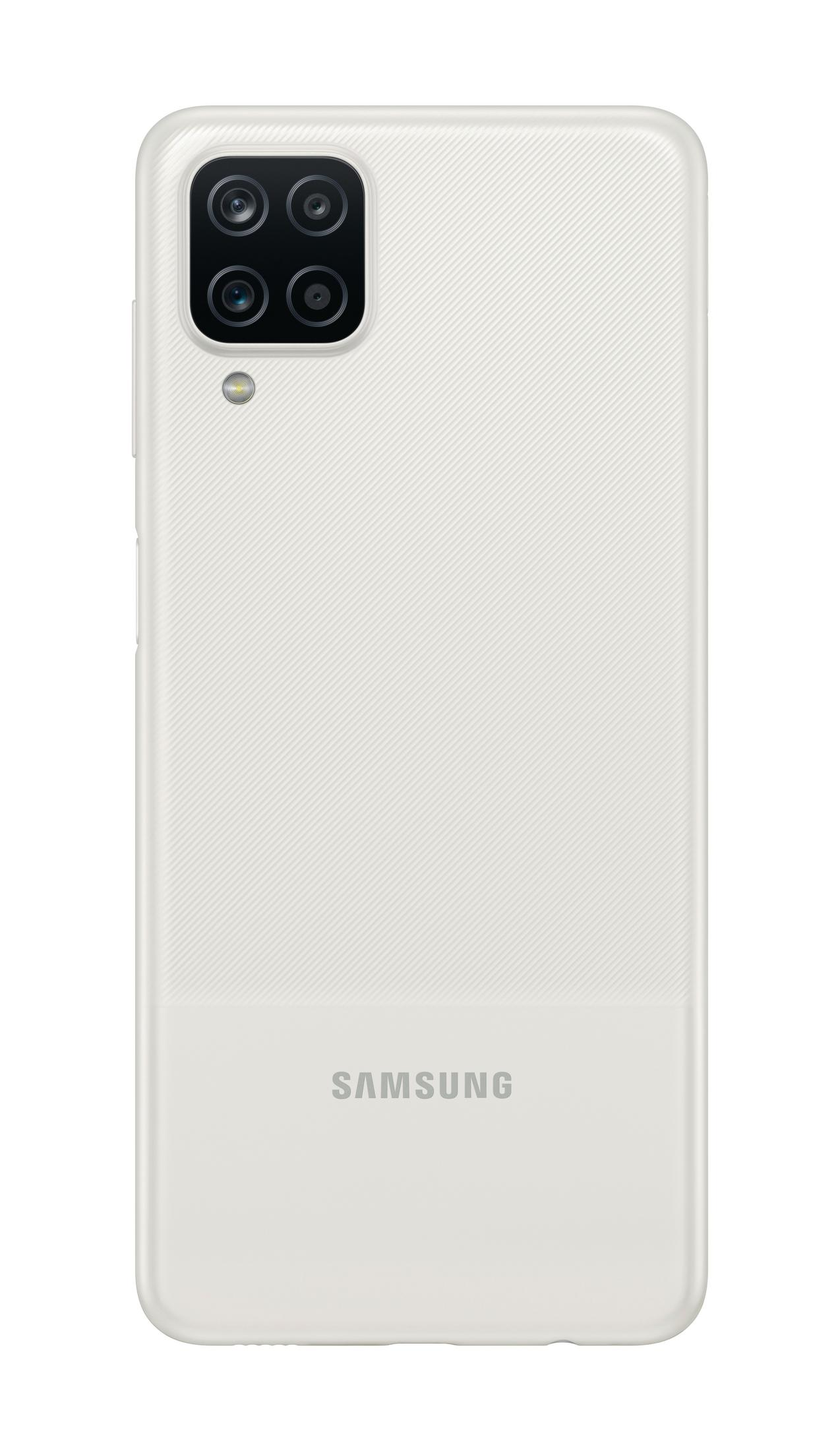 Biały telefon Samsung z czterema aparatami, widoczne logo Samsung.