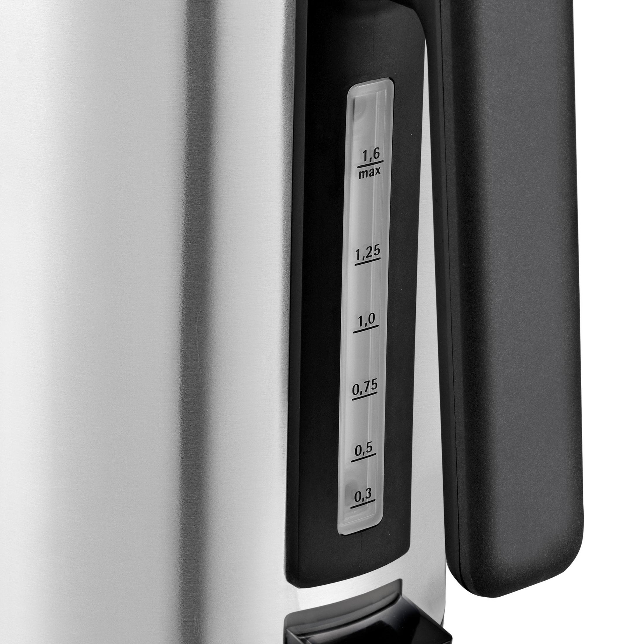 Bollitore argentato con indicatore del livello dell'acqua: 1,6 max, 1,25, 1,0, 0,75, 0,5, 0,3.
