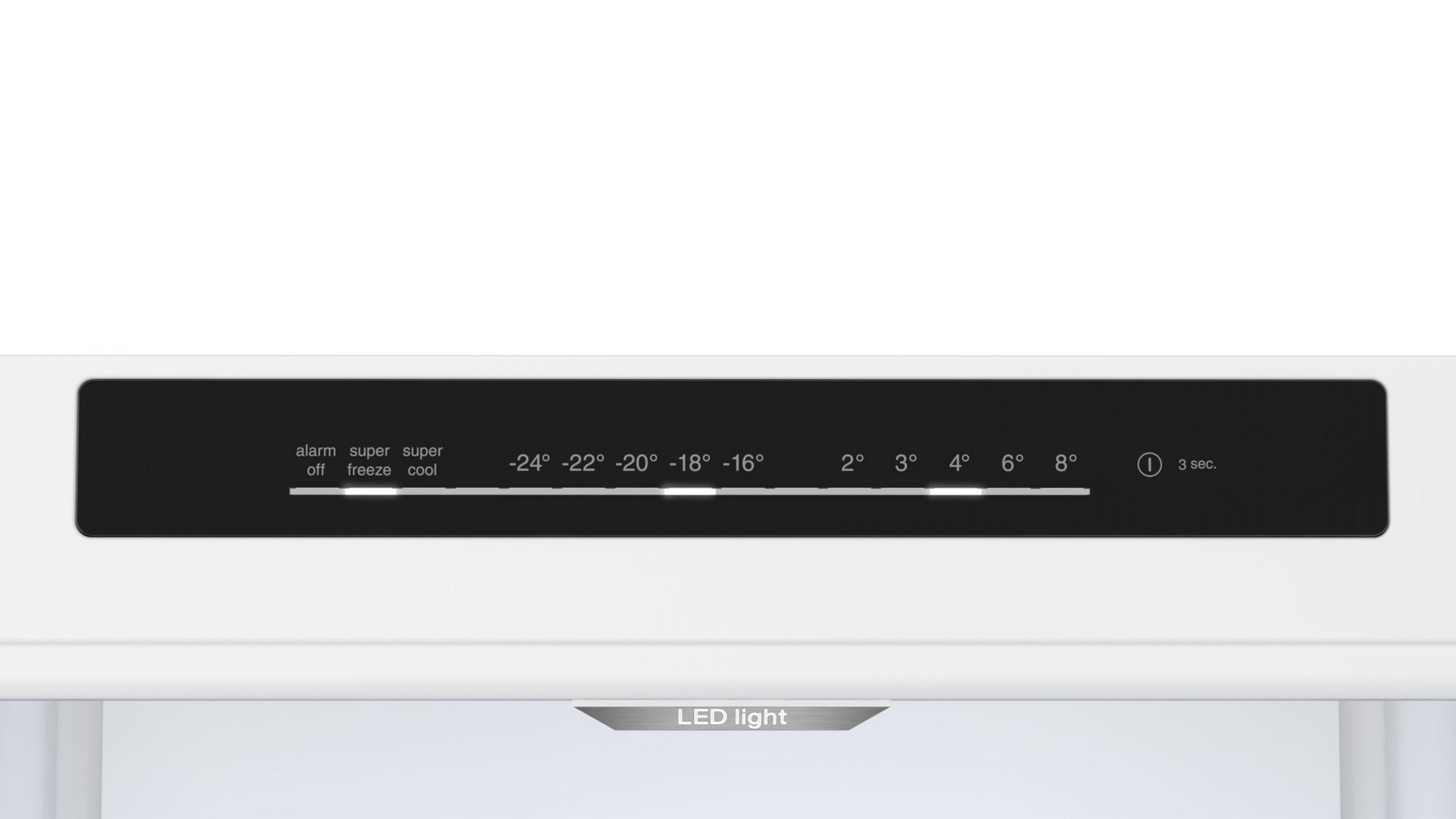 Biały panel sterowania z ustawieniami temperatury dla lodówki. Z oświetleniem LED.