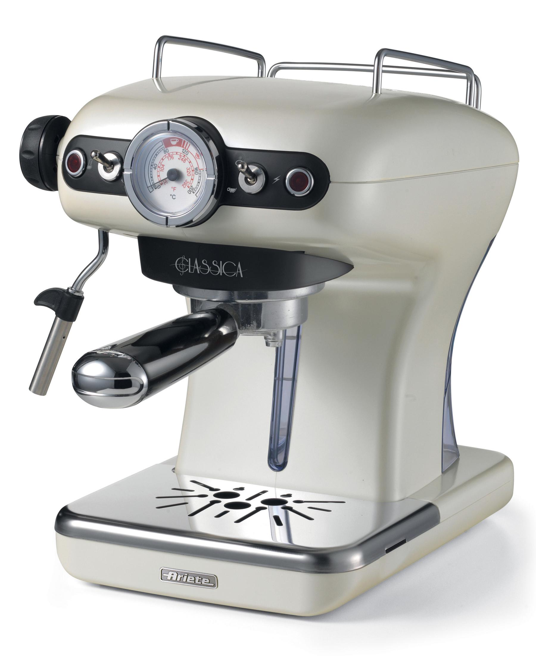 Máquina de espresso color crema. Detalles de acero inoxidable, medidor y recipiente de agua.