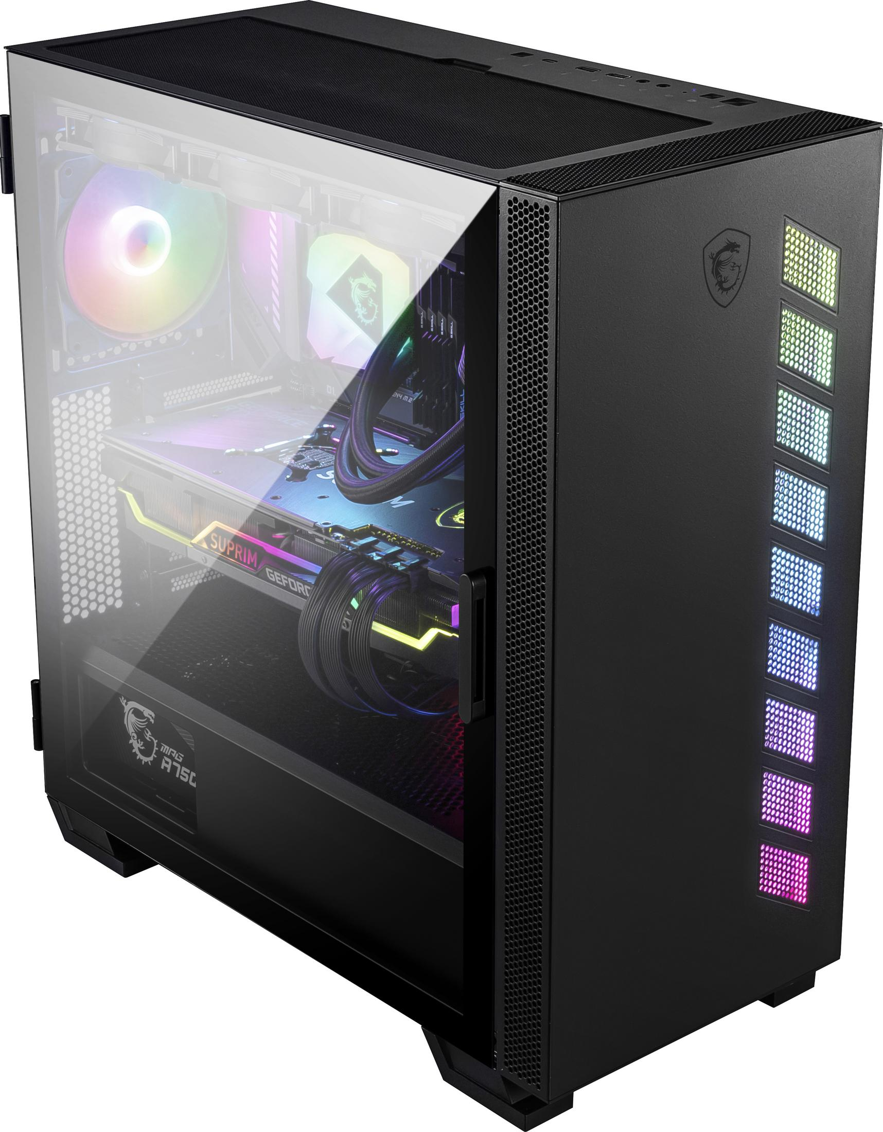 Czarna obudowa komputera z przezroczystym panelem bocznym, pokazująca podzespoły.