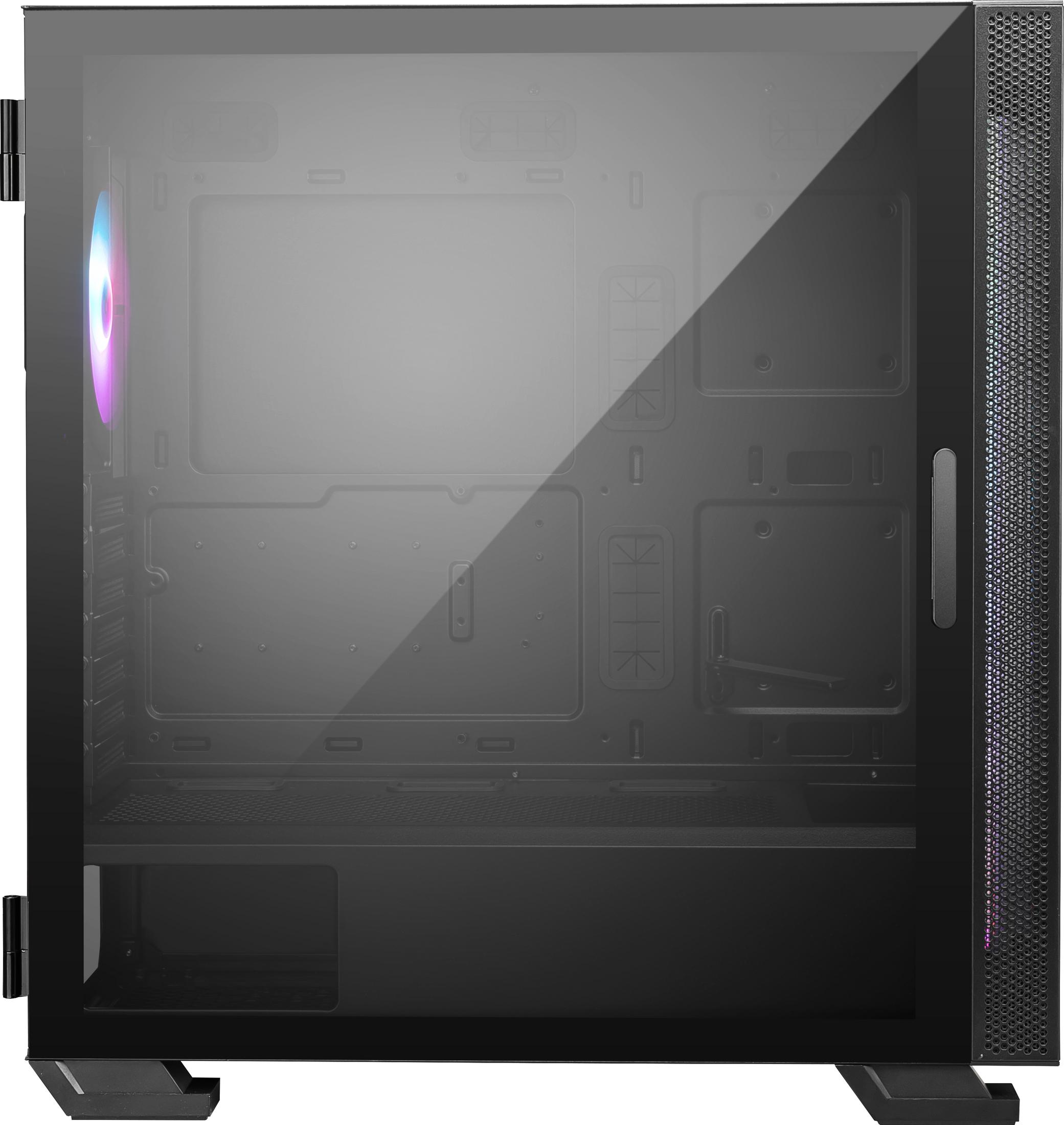 Czarna obudowa komputera z przezroczystym szklanym panelem bocznym, odsłaniającym elementy wewnętrzne.