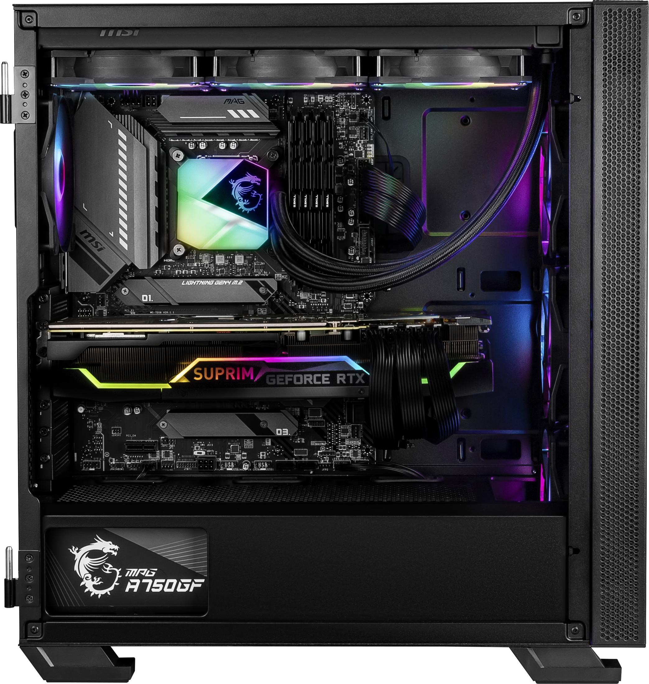 Obudowa komputera z komponentami wewnętrznymi. Widoczna karta graficzna, płyta główna i system chłodzenia.