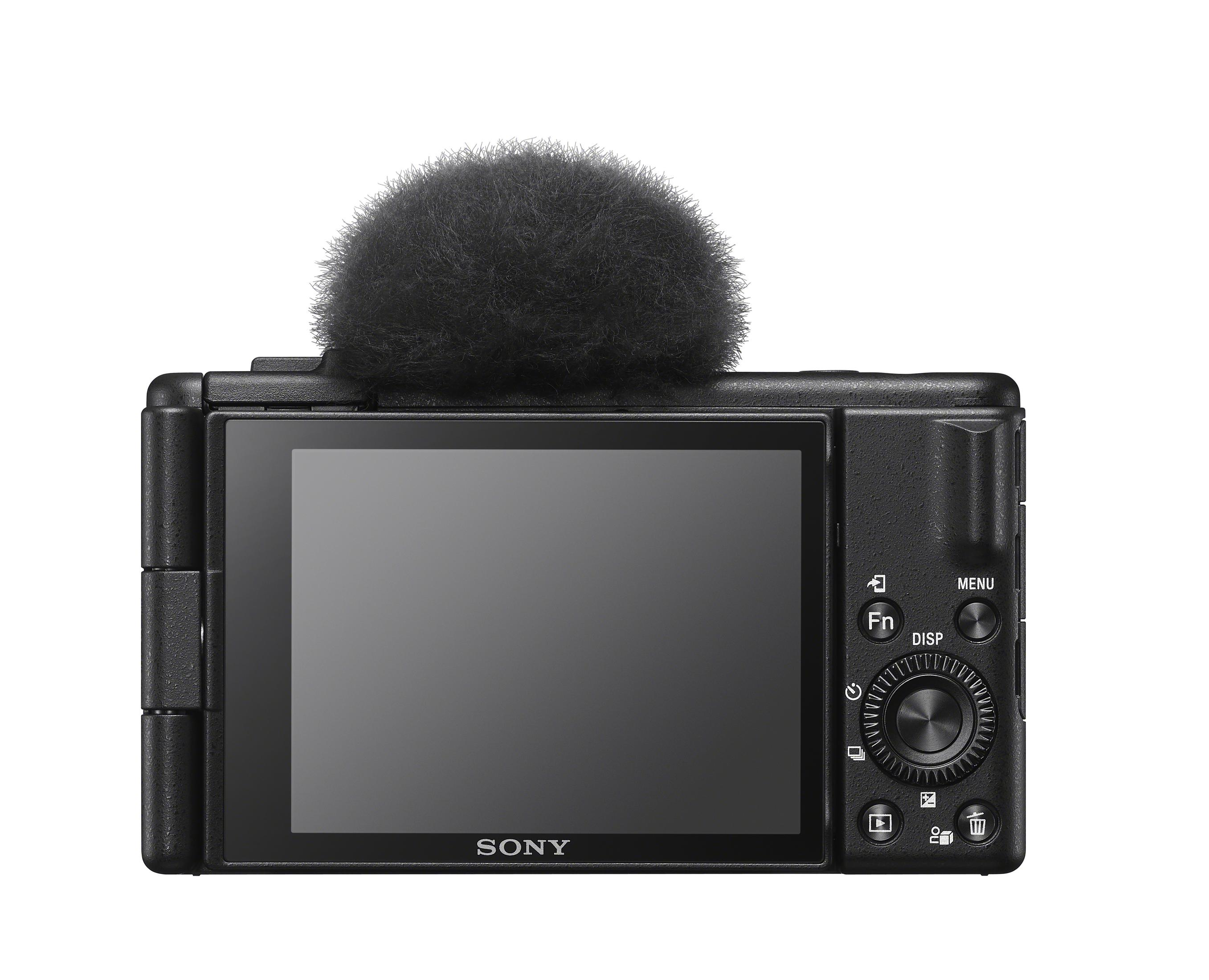 Back view of a black Sony camera with a microphone attached, isolated on white.
