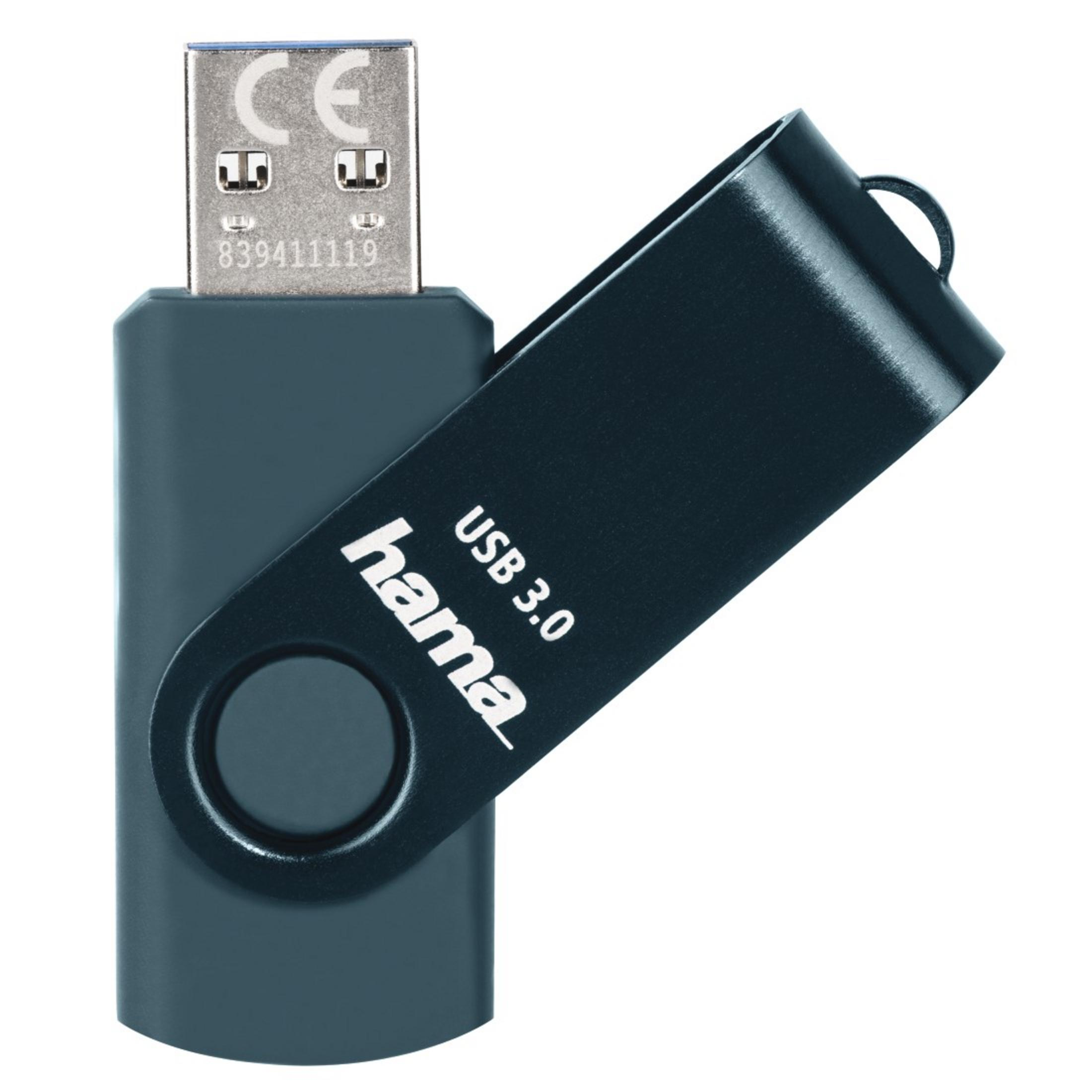 Un'unità flash USB 3.0 Hama grigio scuro, cappuccio aperto. Connettore USB visibile. Sfondo bianco.