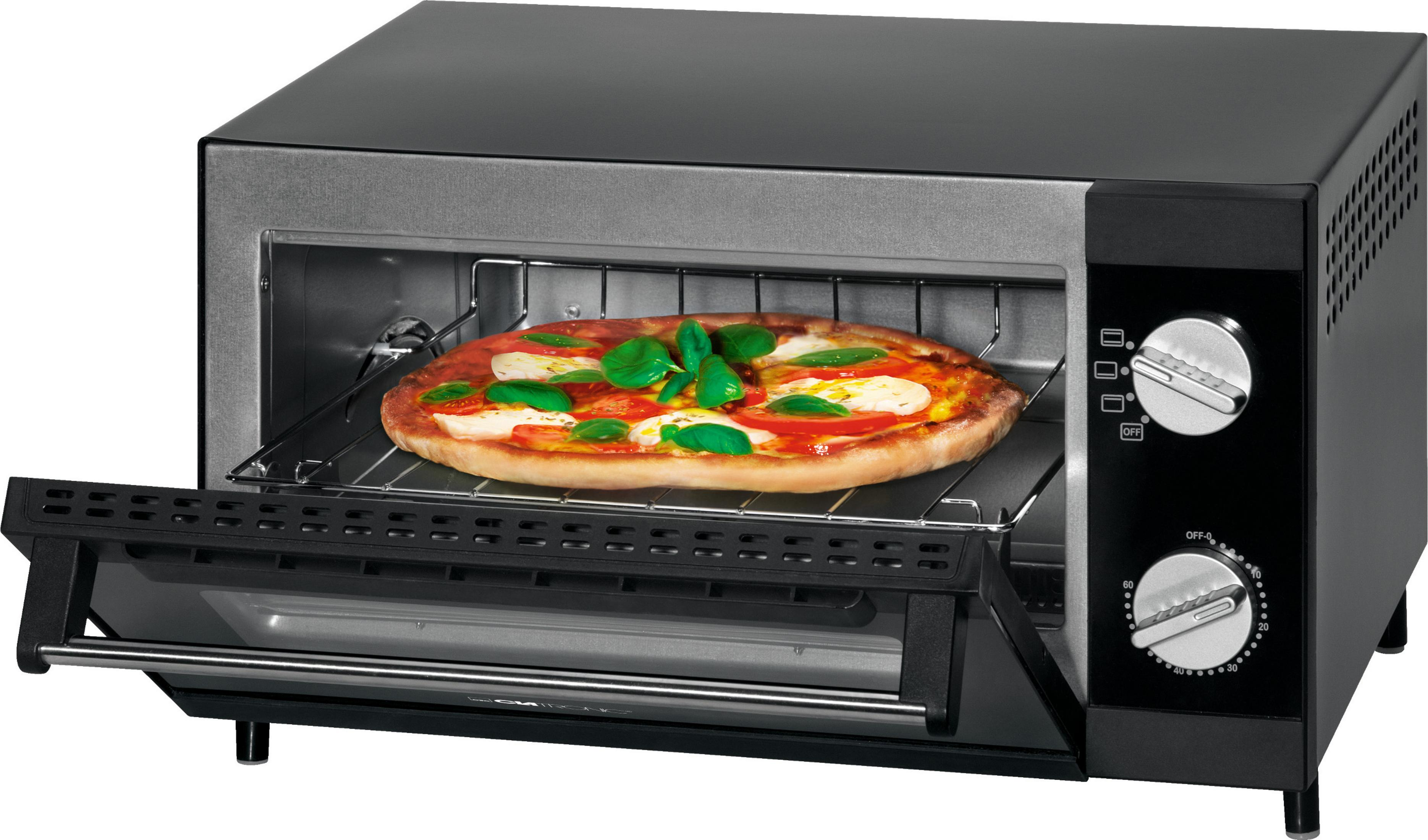 Otwarty czarny piekarnik z pizzą w środku. Elementy sterujące znajdują się po prawej stronie.