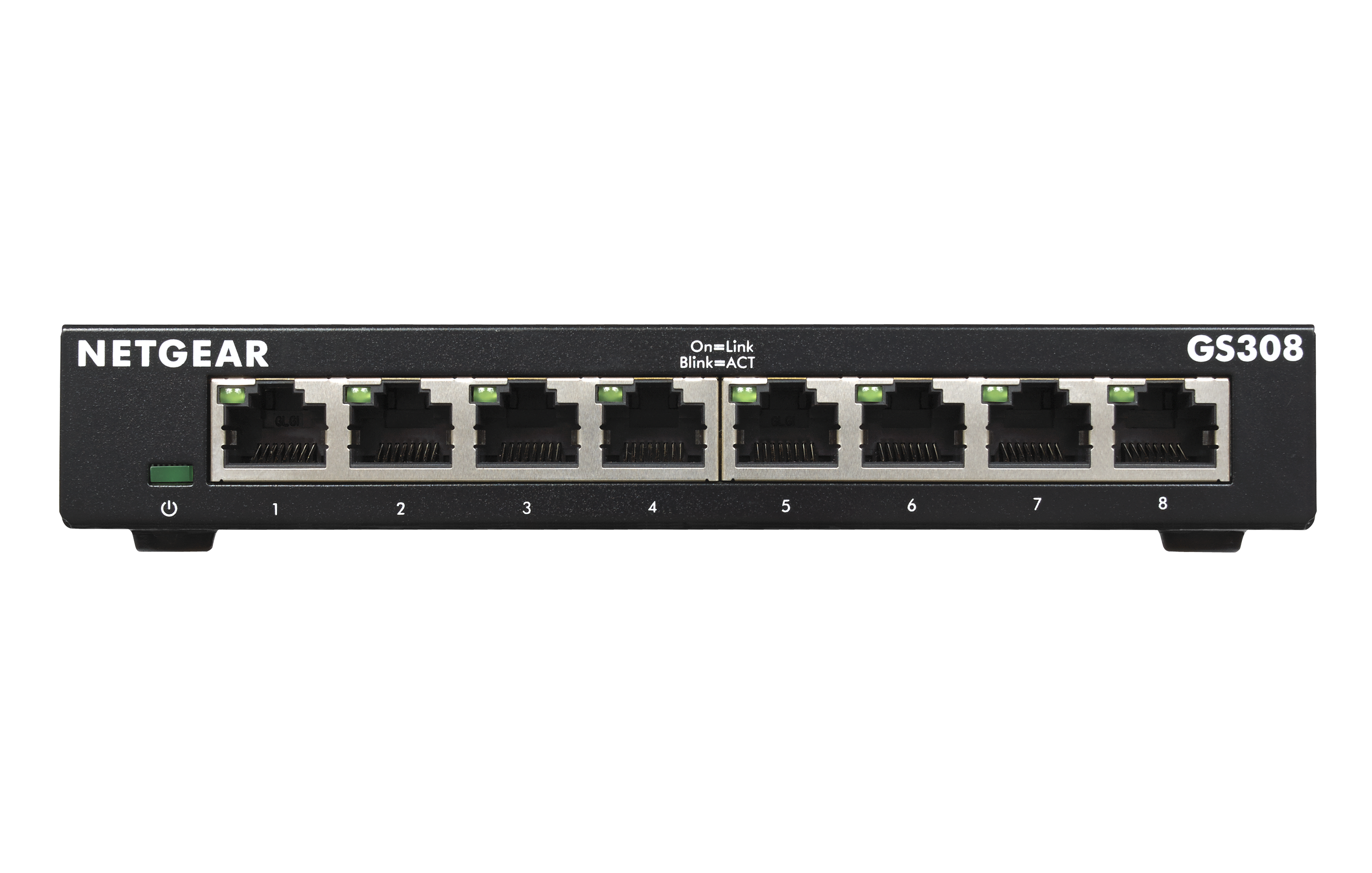 Czarny przełącznik Netgear z 8 portami i ponumerowany. Urządzenie znajduje się na czarnym tle.