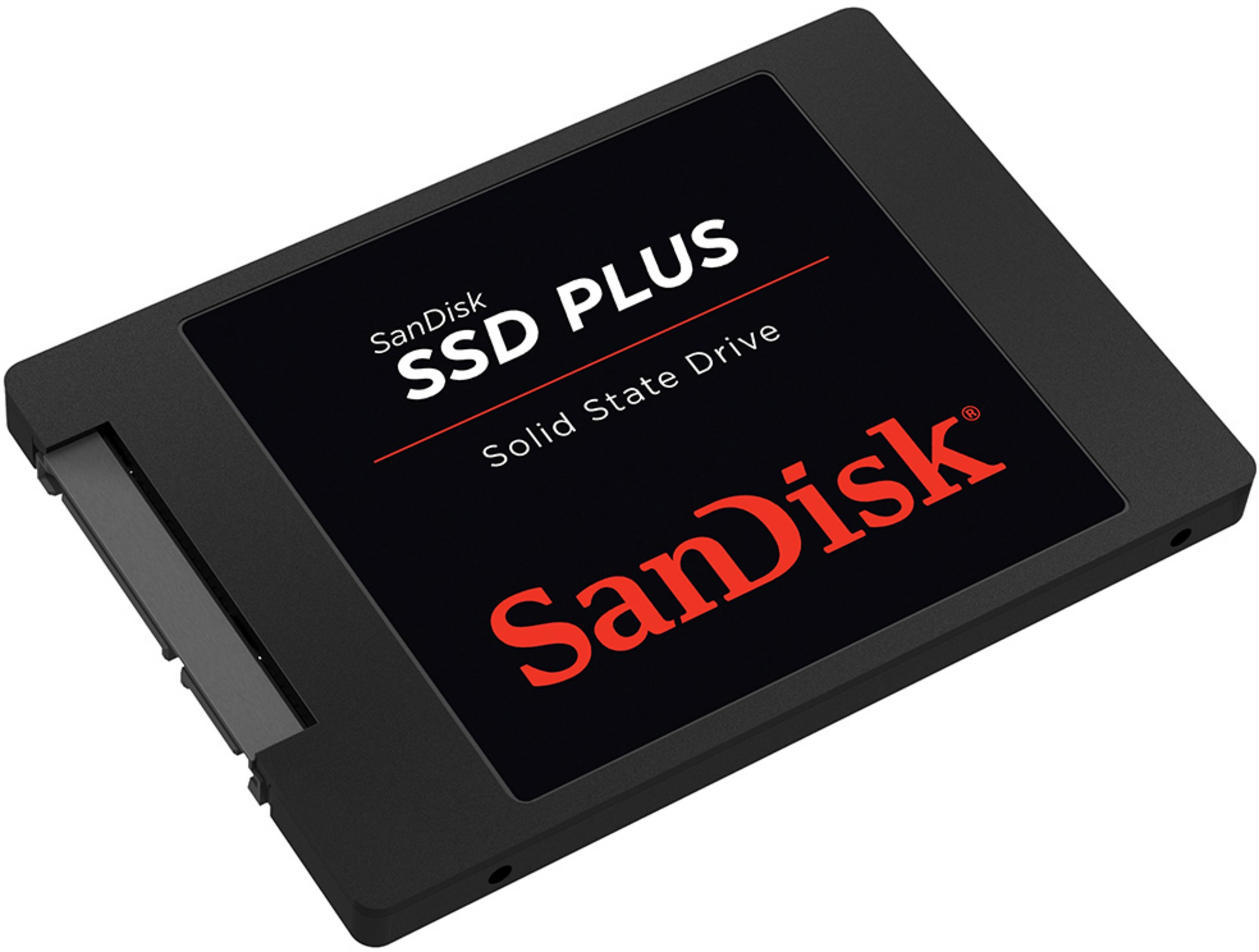 Schwarzes SSD-Laufwerk. Sandisk-Logo in Rot. SSD PLUS-Label. Rechteckige Form.