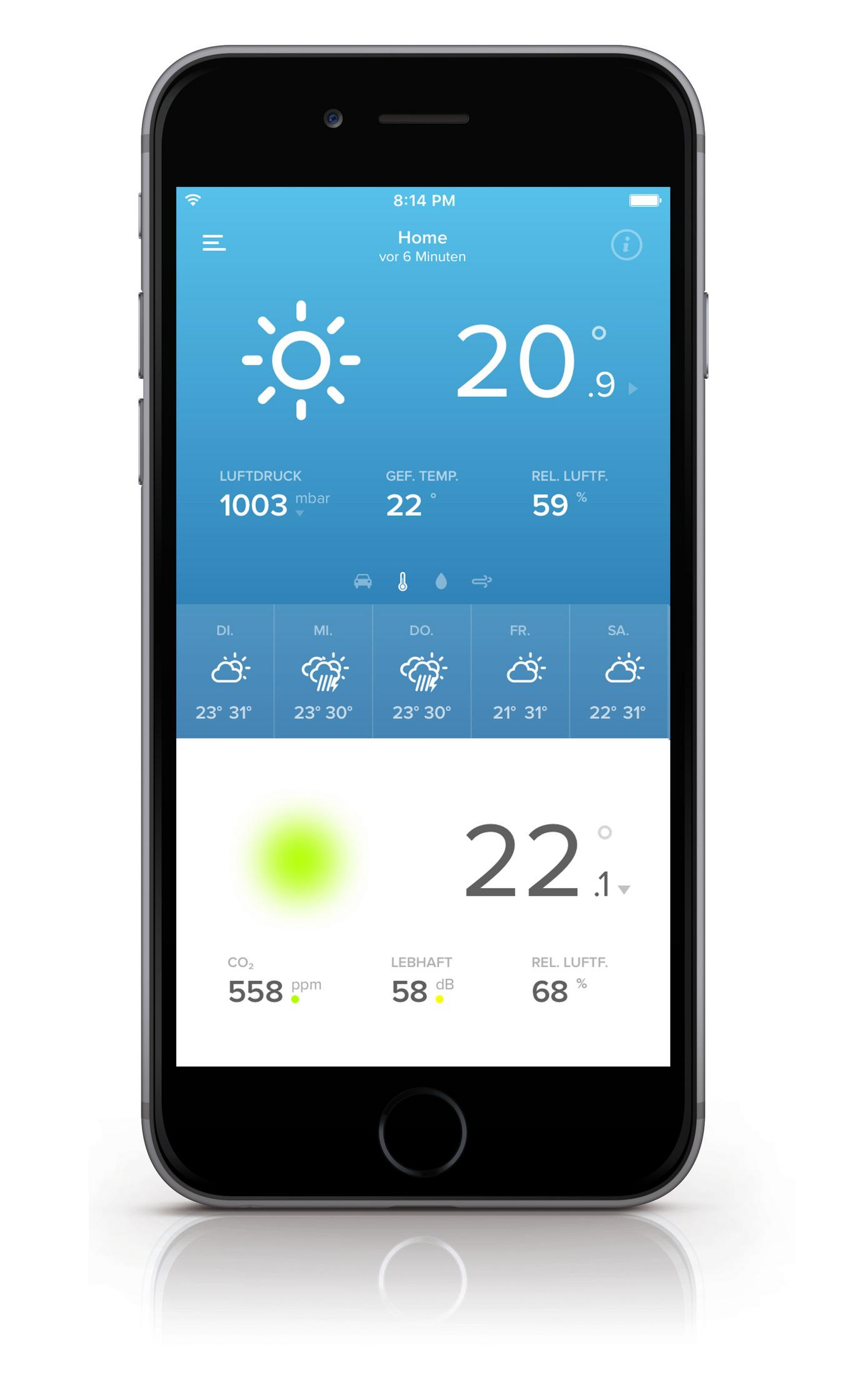 Smartfon wyświetlający aplikację z informacjami o pogodzie i godziną 20:14.