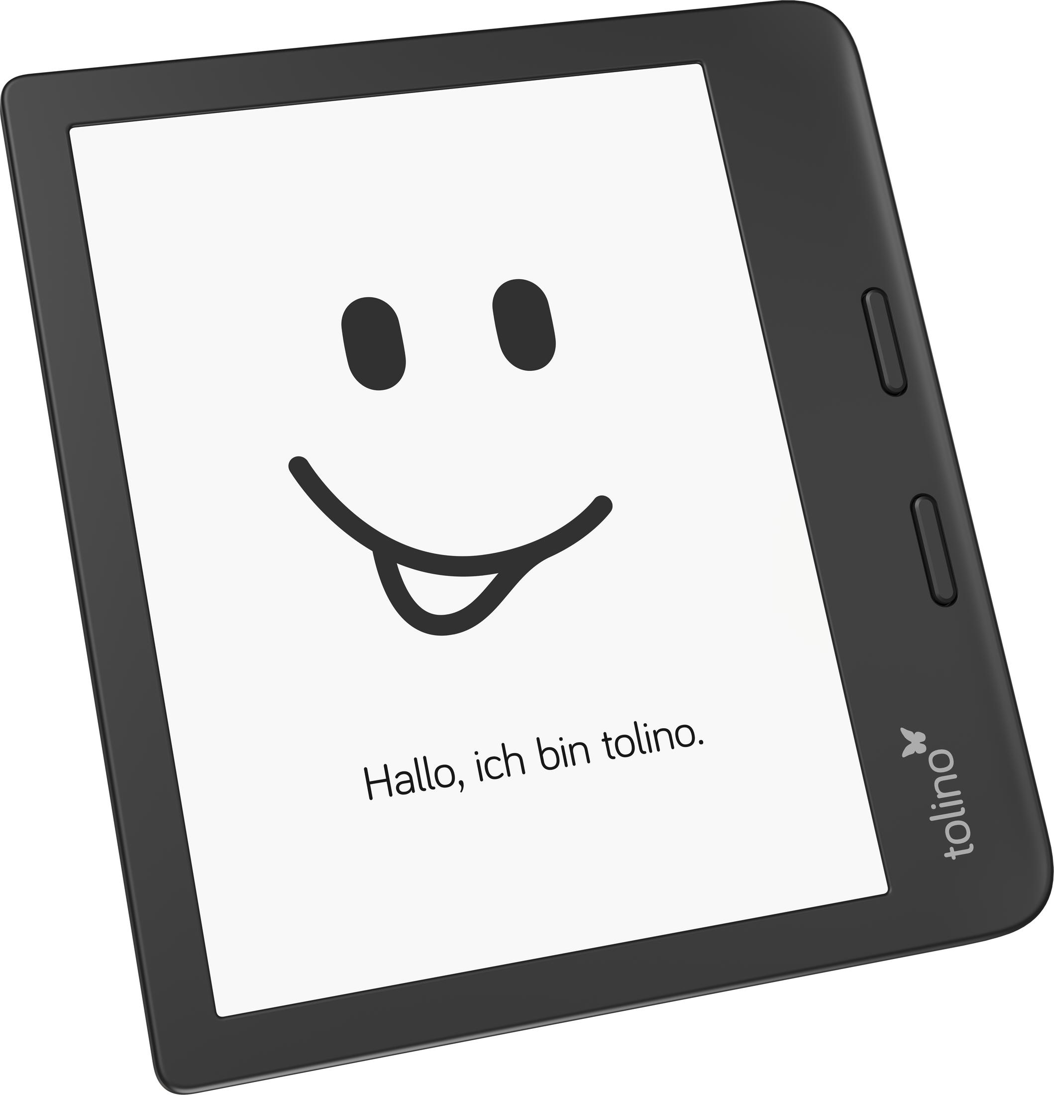 Czarny czytnik e-booków z uśmiechniętą twarzą. Tekst: "Cześć, jestem tolino."