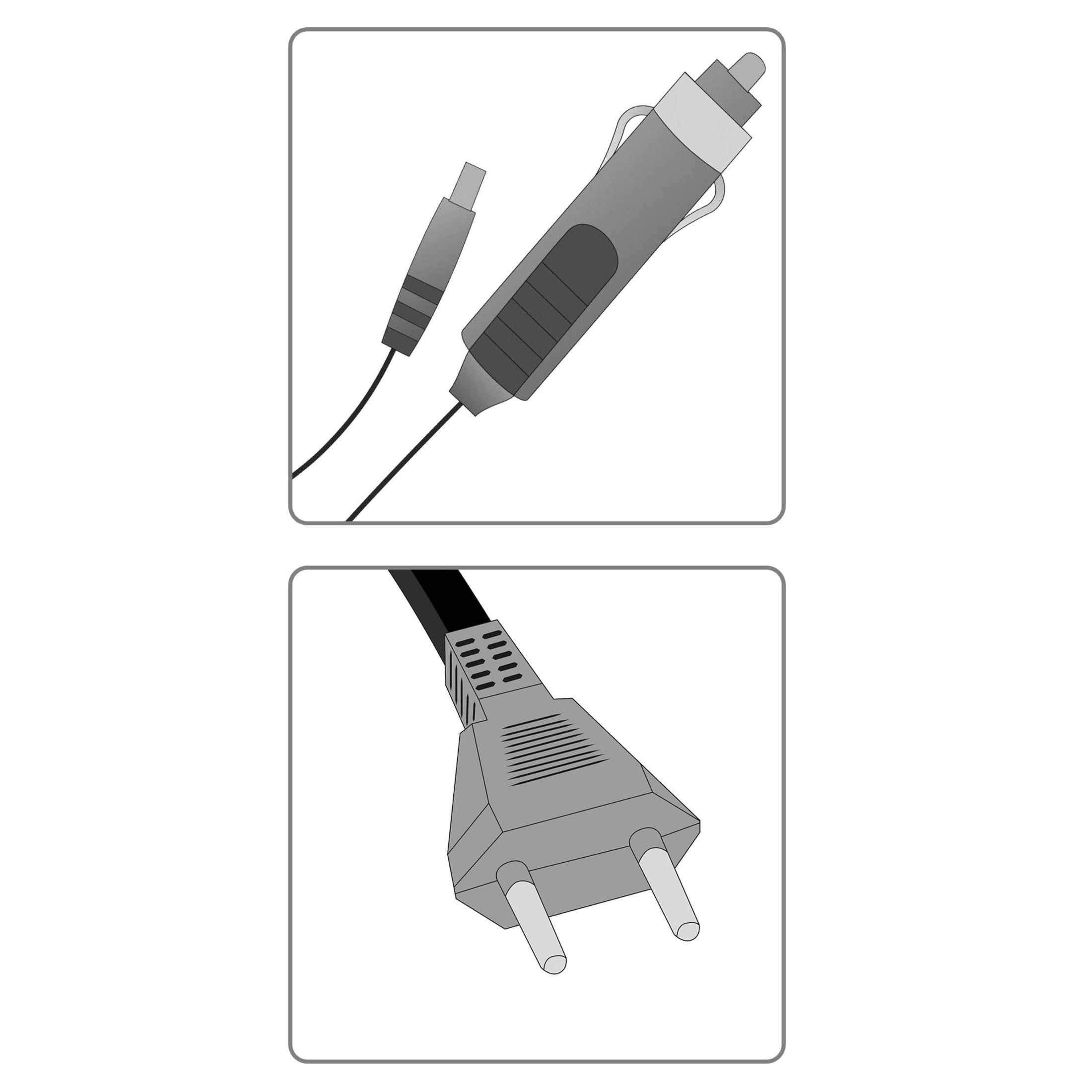 Dwa obrazy przedstawiające różne wtyczki elektryczne i adapter samochodowy. Są w białej ramce.